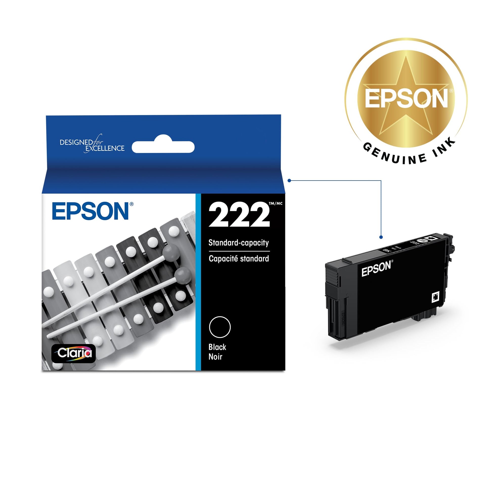 Epson 222 Claria Ink Standard Capacity Black Cartridge (T222120-S) Works with Workforce WF-2960, Expression XP-5200