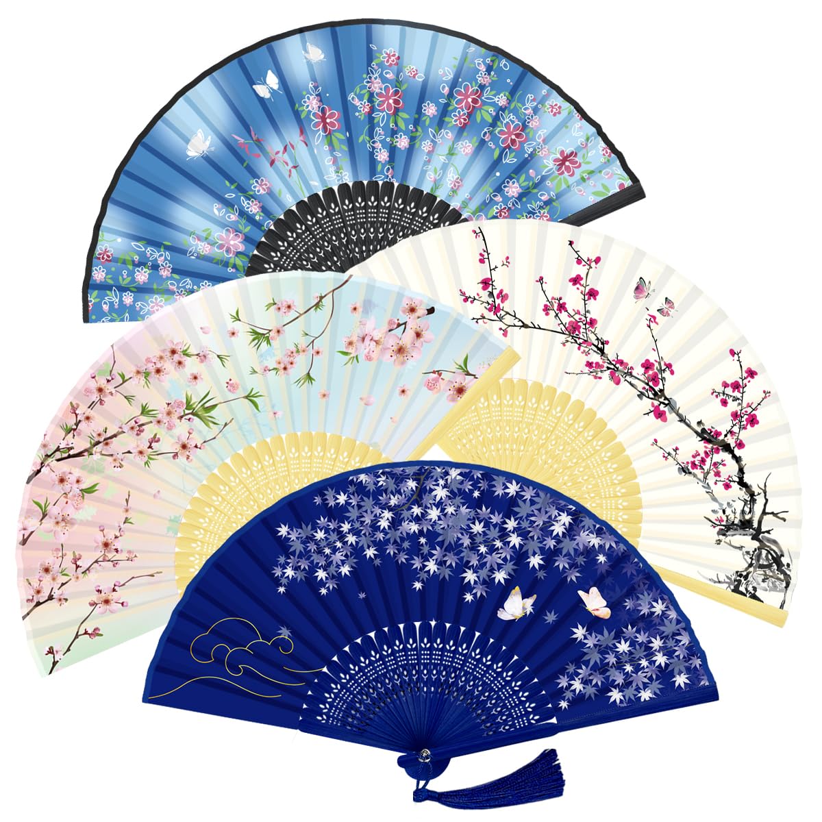 WEARXI Handheld Fan, 4 PCS Silk Hand Fan Foldable, Hand Fans for Women Foldable, Bamboo Folding Hand Held Fan, Mothers Day Mom Gifts for Women, Paper Fans for Line Dancing, Party, Wedding & Home Decor