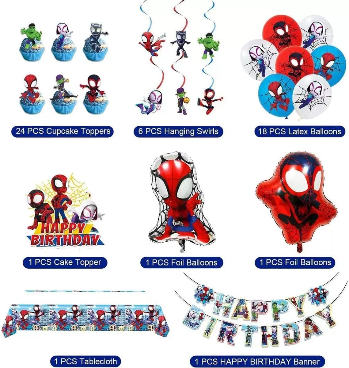 Cartoon spidey themed birthday party supplies. These decorations include "Happy Birthday" banners, tableware, tablecloths, balloons, large and small skewers, and party-themed decoration sets.