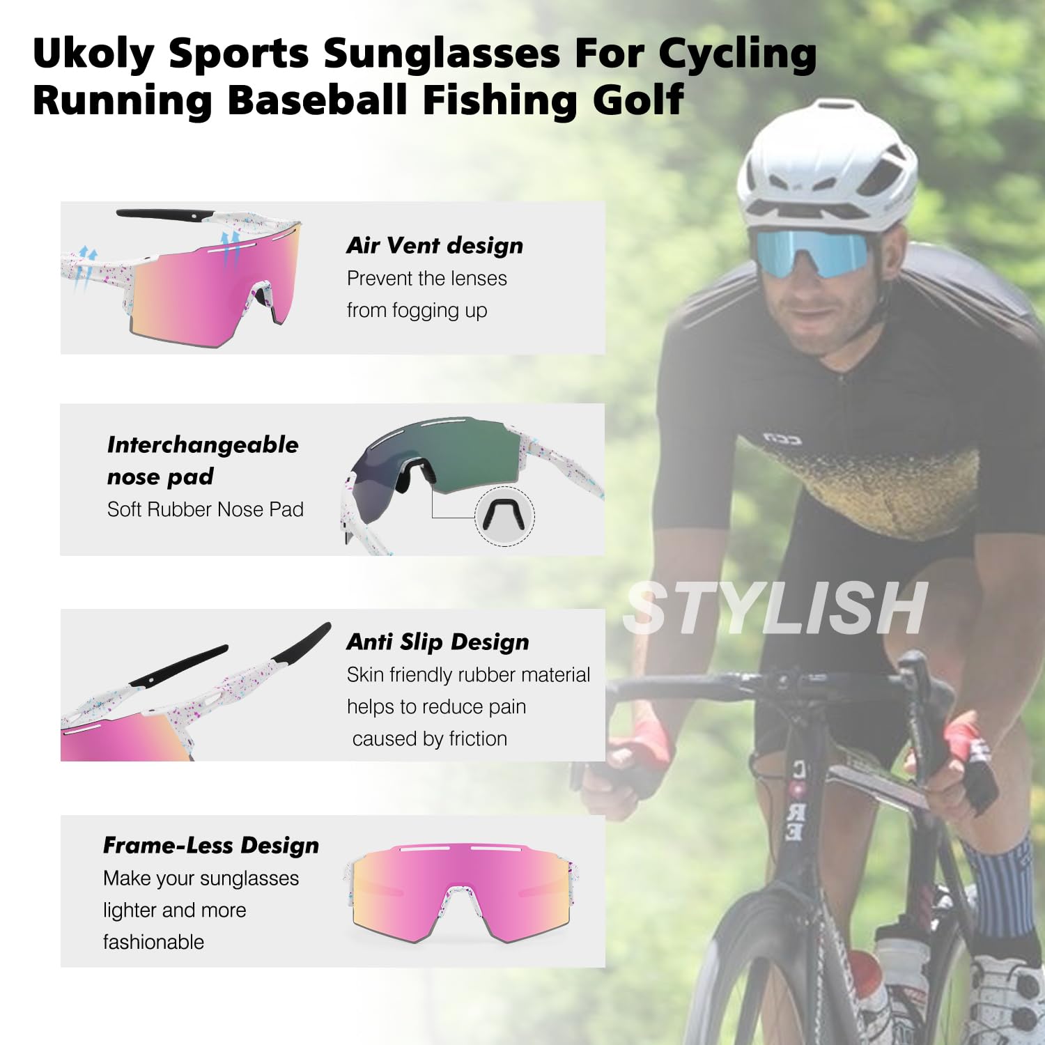 Ukoly Cycling Sunglasses with Interchangeable Nose Pad Men Women,Sports Sunglasses,Fishing Baseball Glasses