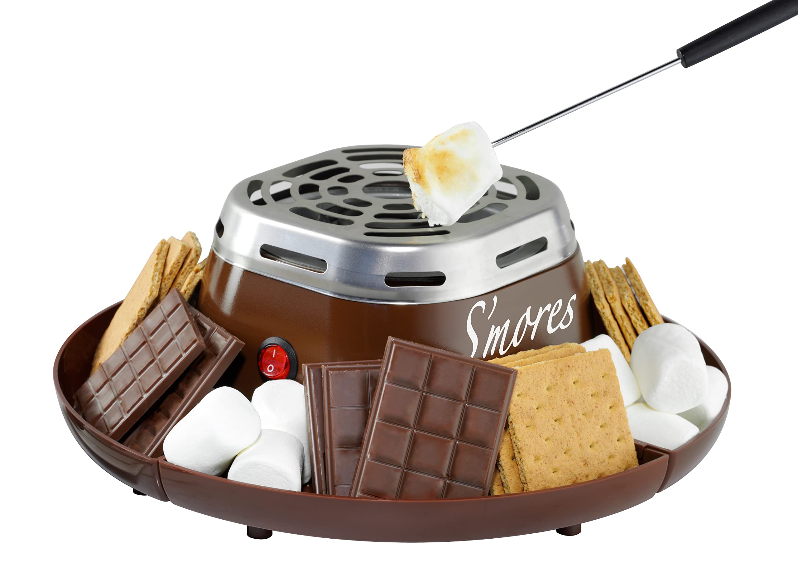 Nostalgia Tabletop Indoor Electric S'mores Maker – S'mores-Kit mit Marshmallow-Röststäbchen und 4 Tabletts für Graham Cracker, Schokolade und Marshmallows – Filmabend-Zubehör – Braun