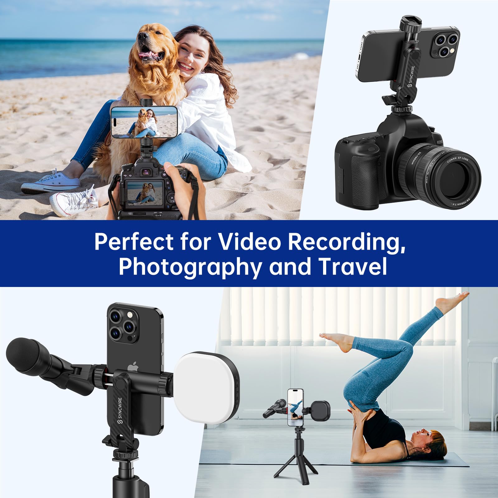 SYNCWIRE Tripod Phone Mount, Universal Smartphone Mount Adapter with 2 Cold Shoe and 1/4" Screw, 360° Rotates and 180° Tilts Adjustable Cell Phone Clamp Holder for Enhancing Mobile Photography Setup