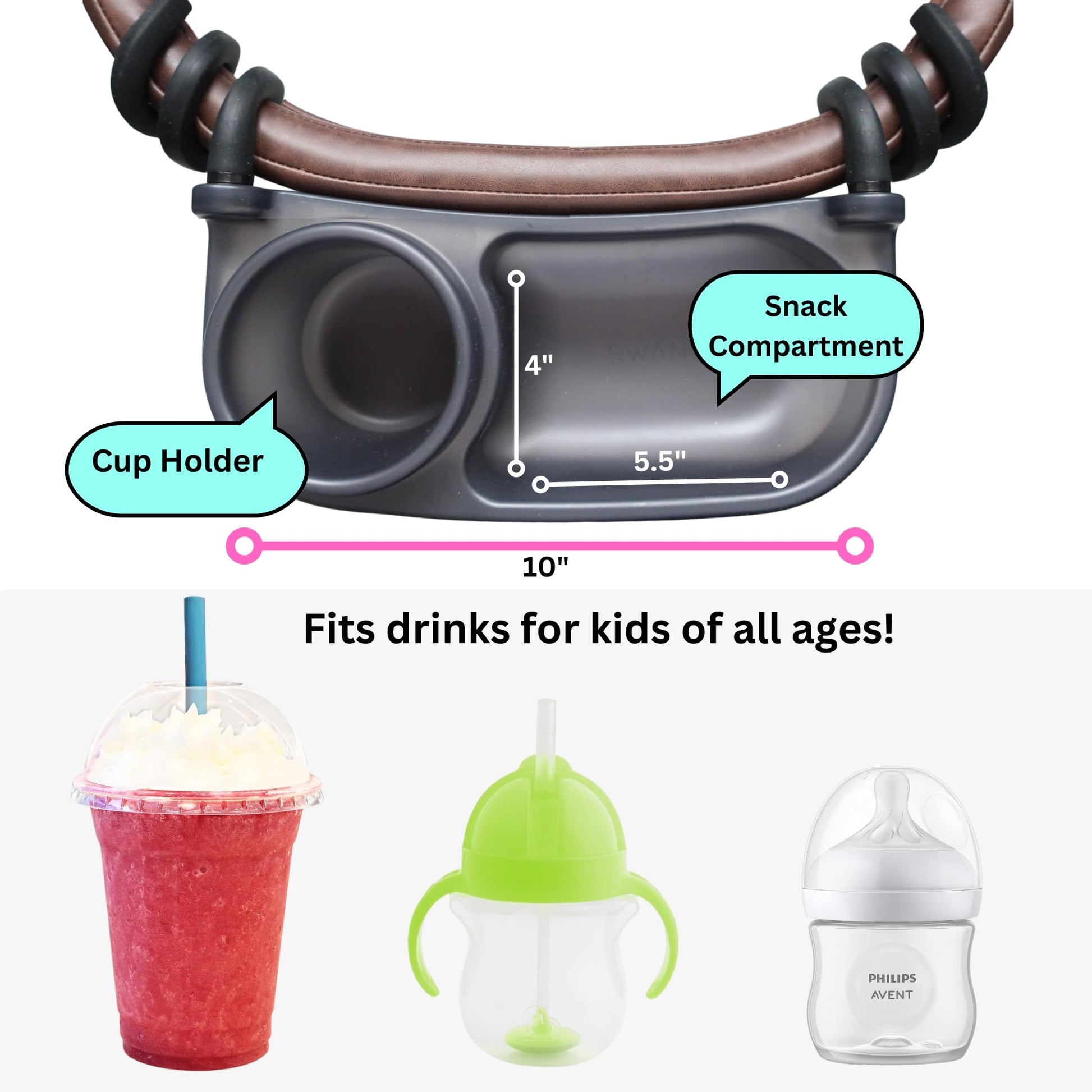 Swanoo Universal Stroller Snack Tray | Compatible with Nuna | Stroller Cup Holder | Silicone Arms Grip Bumper Bar | Stroller Tray Attachment with Cups Holder for Baby Toddler | Stroller Accessories