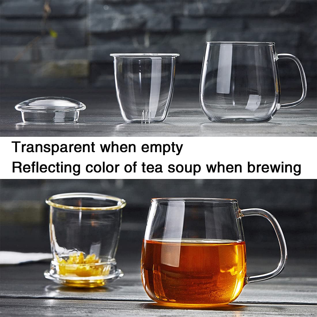 DOPUDO Glass Tea Cup with Infuser and Lid, 17.6oz/520ml Large Borosilicate Teacup,Tea Glass, Clear Mug for Loose Leaf Tea, Blooming Tea, Microwave & Dishwasher Safe - Tea Maker Gift for Birthday