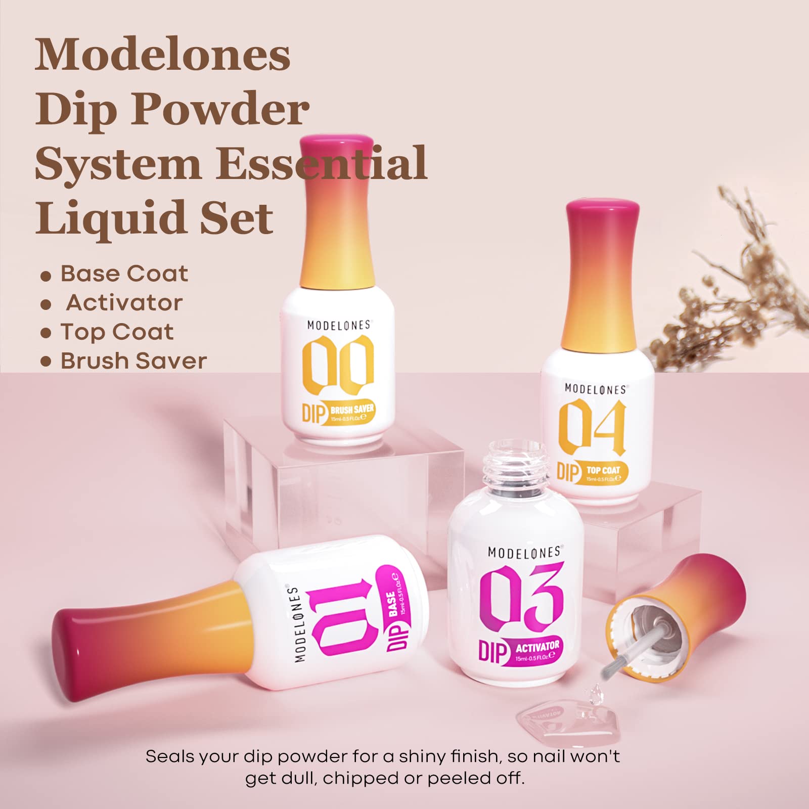 modelones Dip Powder Liquid Set 4+4 Pcs, Dip Powder System Set with Base Coat/Top Coat/Activator/Brush Saver/Manicure Tools for Nail Kit Art DIY Salon - 15ml/0.5oz