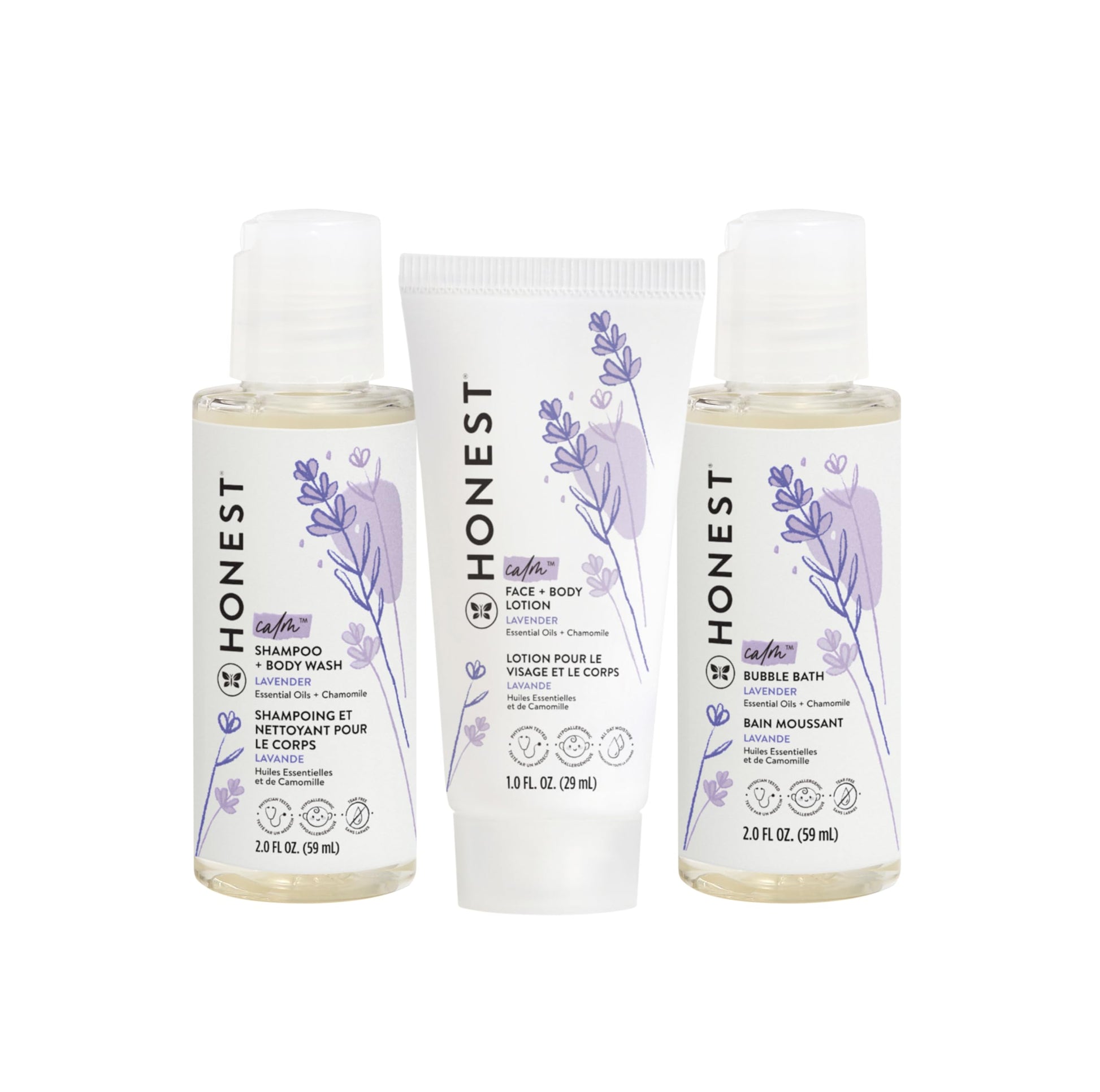 The Honest Company Babe's Mini Must Haves Gift Set | Travel Size Hypoallergenic Lavender Bathtime Essentials | Shampoo + Body Wash (2 fl oz), Face + Body Lotion (1 fl oz), Bubble Bath (2 fl oz)