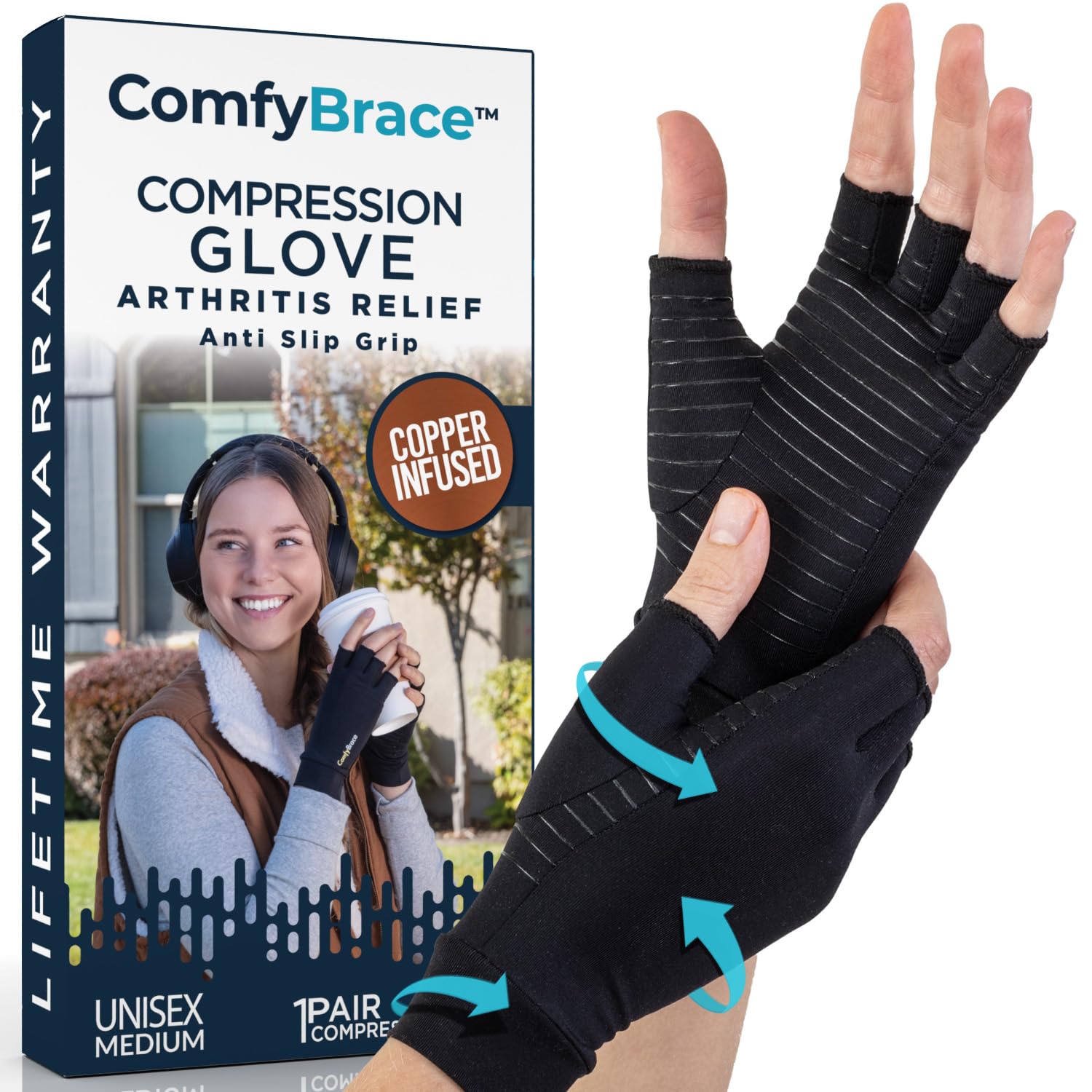 قفازات ComfyBrace الضاغطة الممزوجة بالنحاس لتخفيف آلام اليدين والأصابع والتورم الناتج عن التهاب المفاصل الروماتويدي والنفق الرسغي والتهاب الأوتار وضعف الدورة الدموية، مناسبة للرجال والنساء