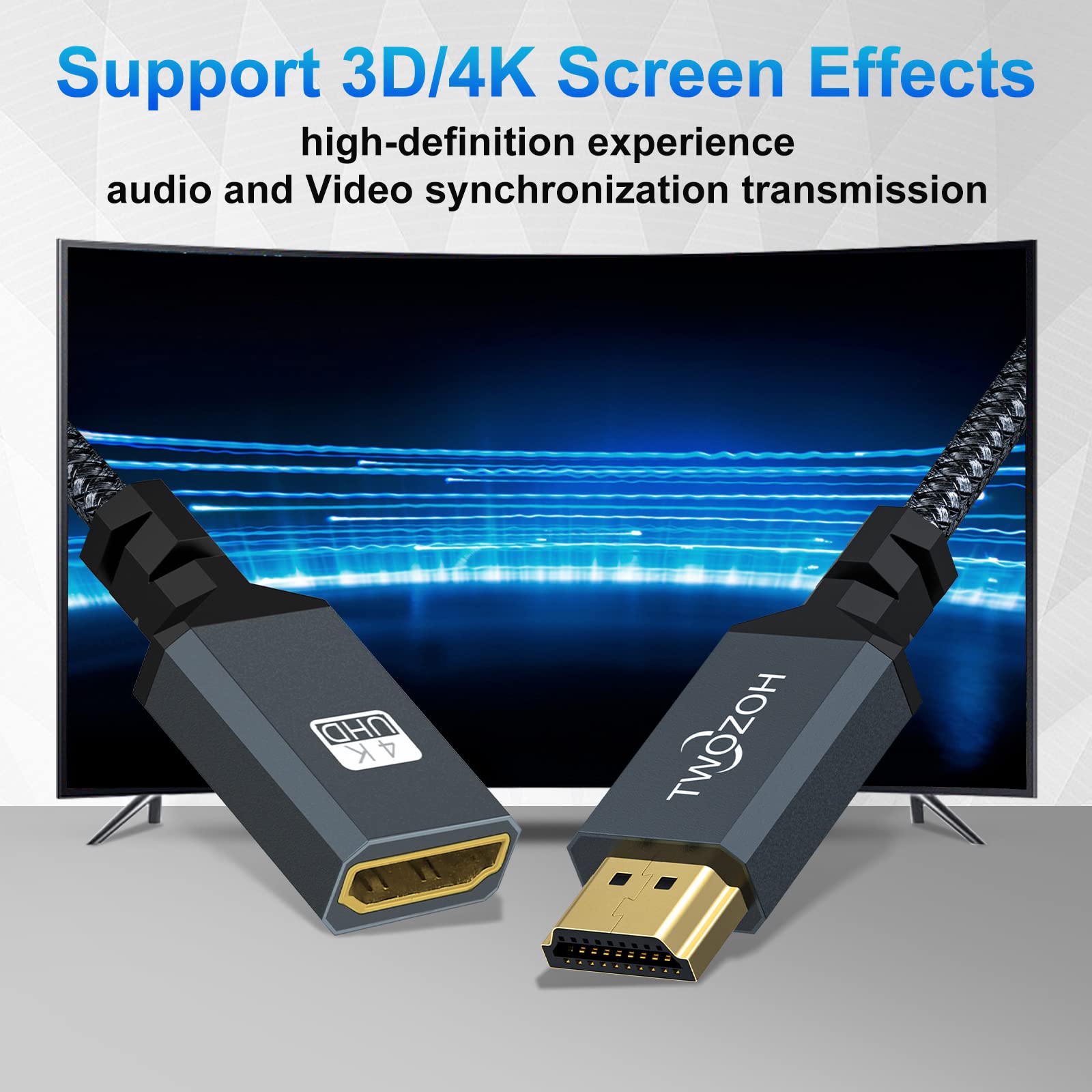 Twozoh HDMI Extension Cable 6.6FT, HDMI Male to Female HDMI Cord, HDMI 2.0 Cable Adapter Support 4K@60Hz 3D HDR