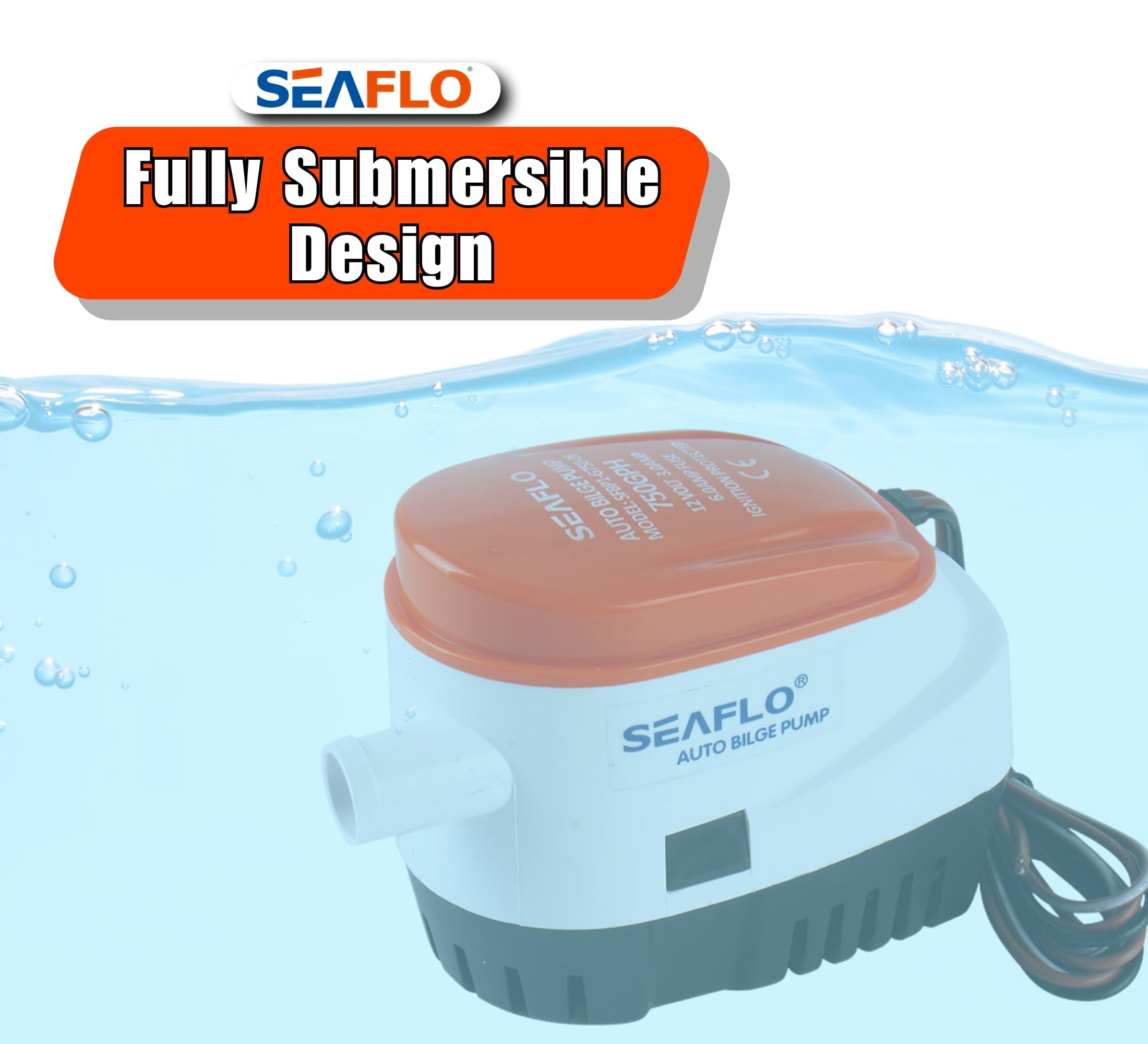 SEAFLO 06 Series Automatic Submersible Bilge Pump - 750GPH, 12V, 3/4" Outlet, 4-Year Warranty! All-in-One Pump and Float Switch, Snap-Off Strainer, Compact for Marine Boat Yacht, CE Rohs Certified
