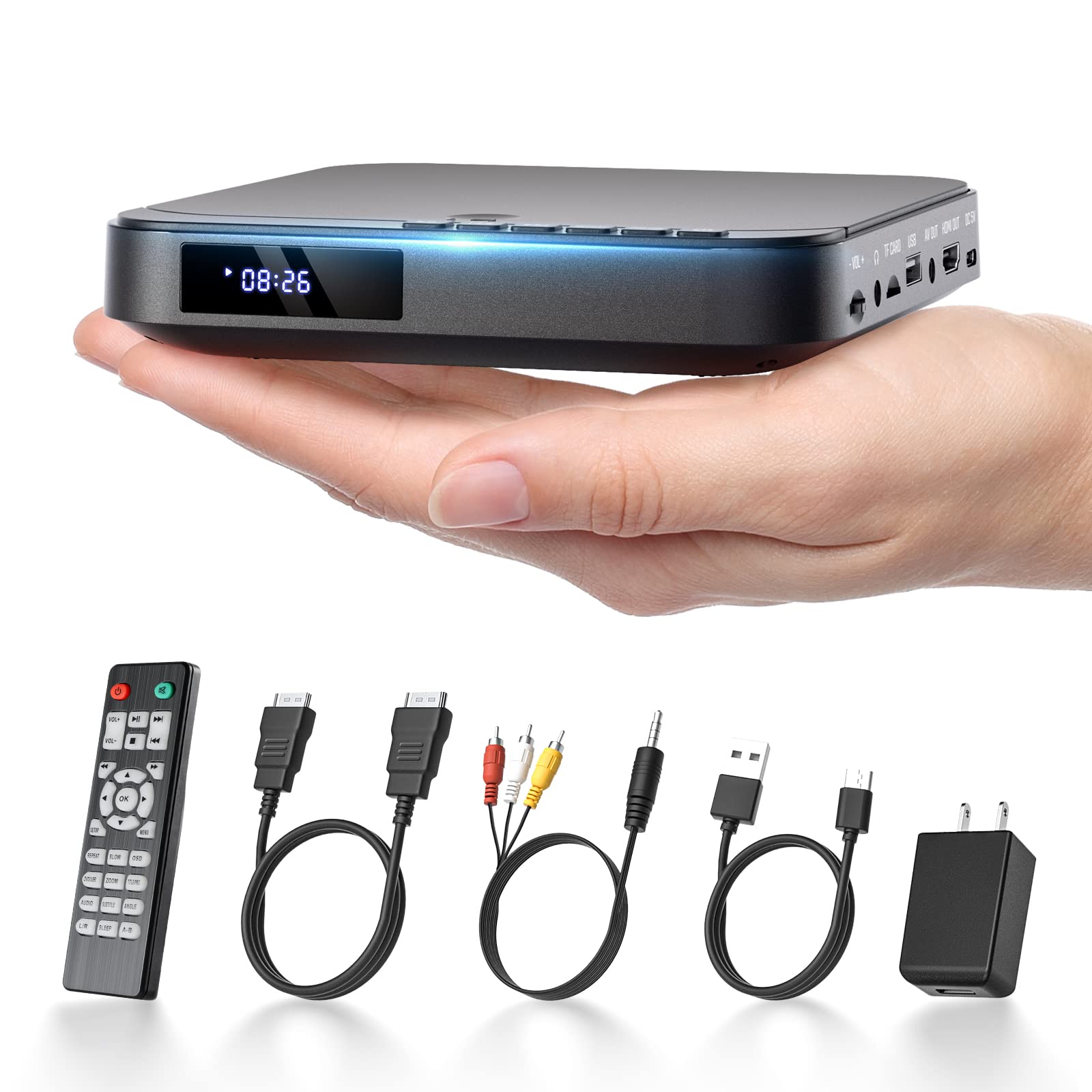 مشغل أقراص DVD صغير HDMI، مشغل أقراص DVD صغير ومدمج عالي الدقة 1080P من DESOBRY للتلفزيونات الذكية مع حرية جميع المناطق، مشغل أقراص DVD وCD بمخرج AV، ومدخل USB/TF، وجهاز تحكم عن بعد، ويدعم PAL/NTSC