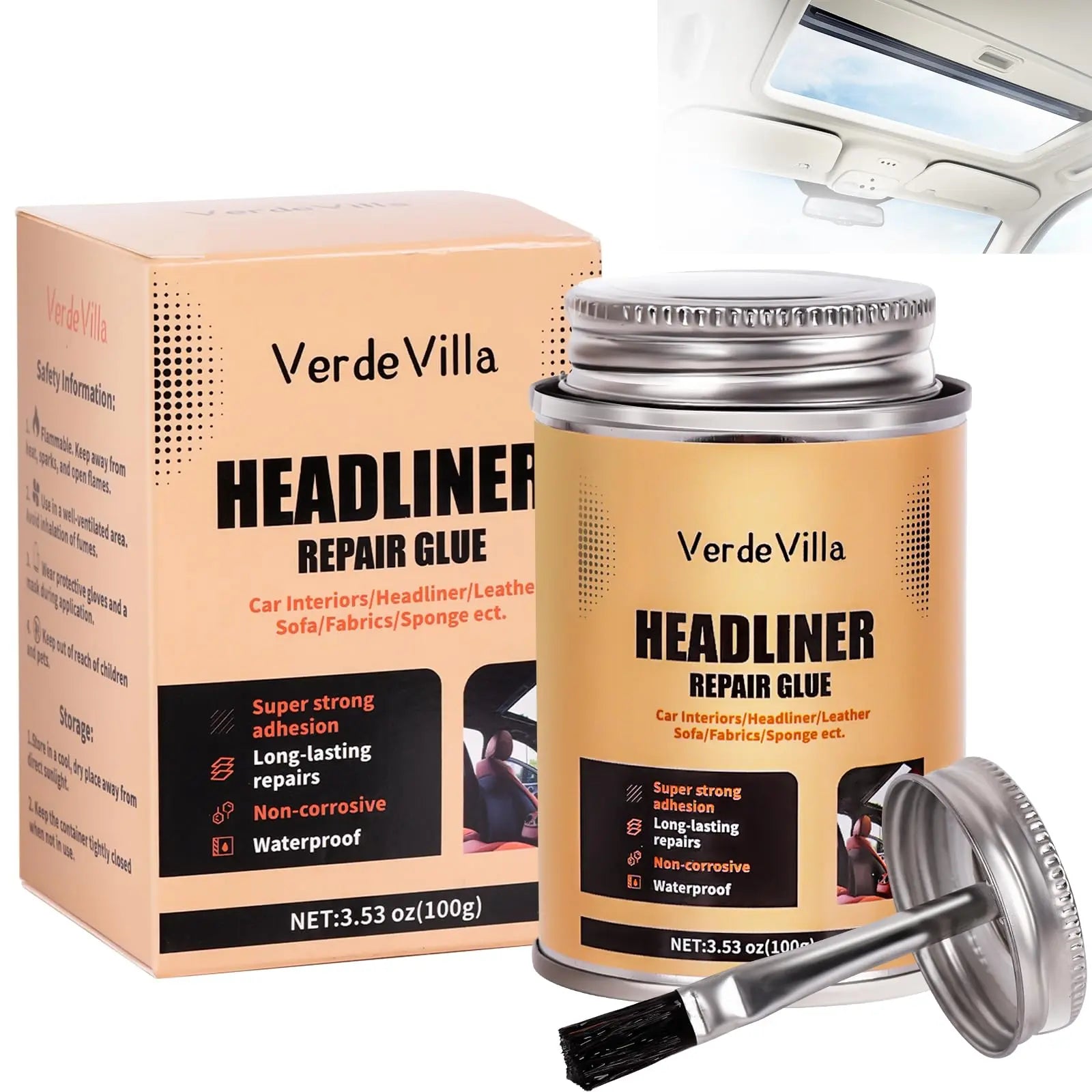 Headliner Repair Glue, Car Headliner Adhesive with Brush, Car Roof Liner Fabric Adhesive, Upholstery Glue for Cars,Headliner Repair Kit, Suitable for Automotive interiors, Fabric, Leather