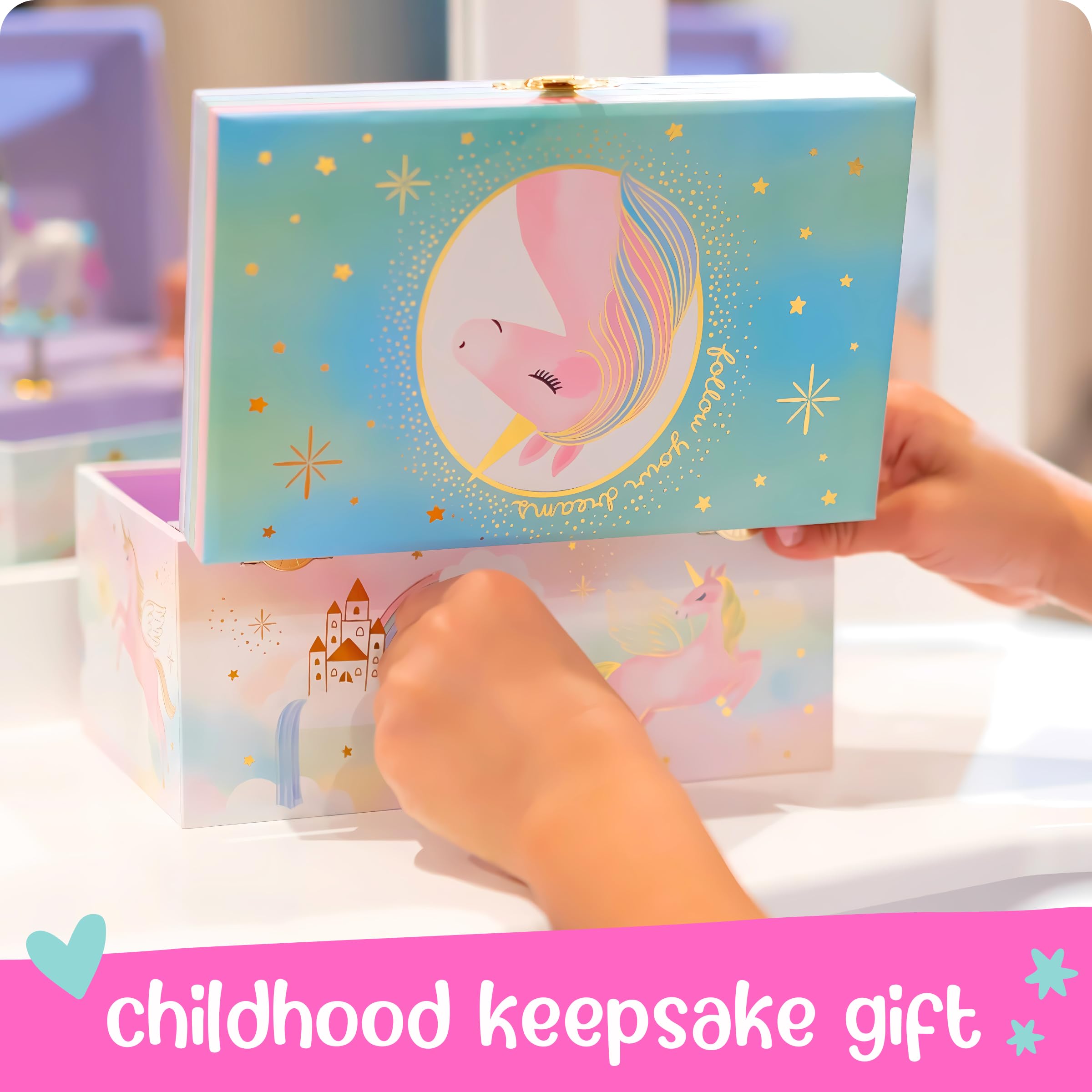 Giggle & Honey Musical Jewelry Box for Girls - Kids Jewelry Box, Unicorn Toys for Girls 4-6, Unicorn Gifts, 6 x 4.7 x 3.5 in