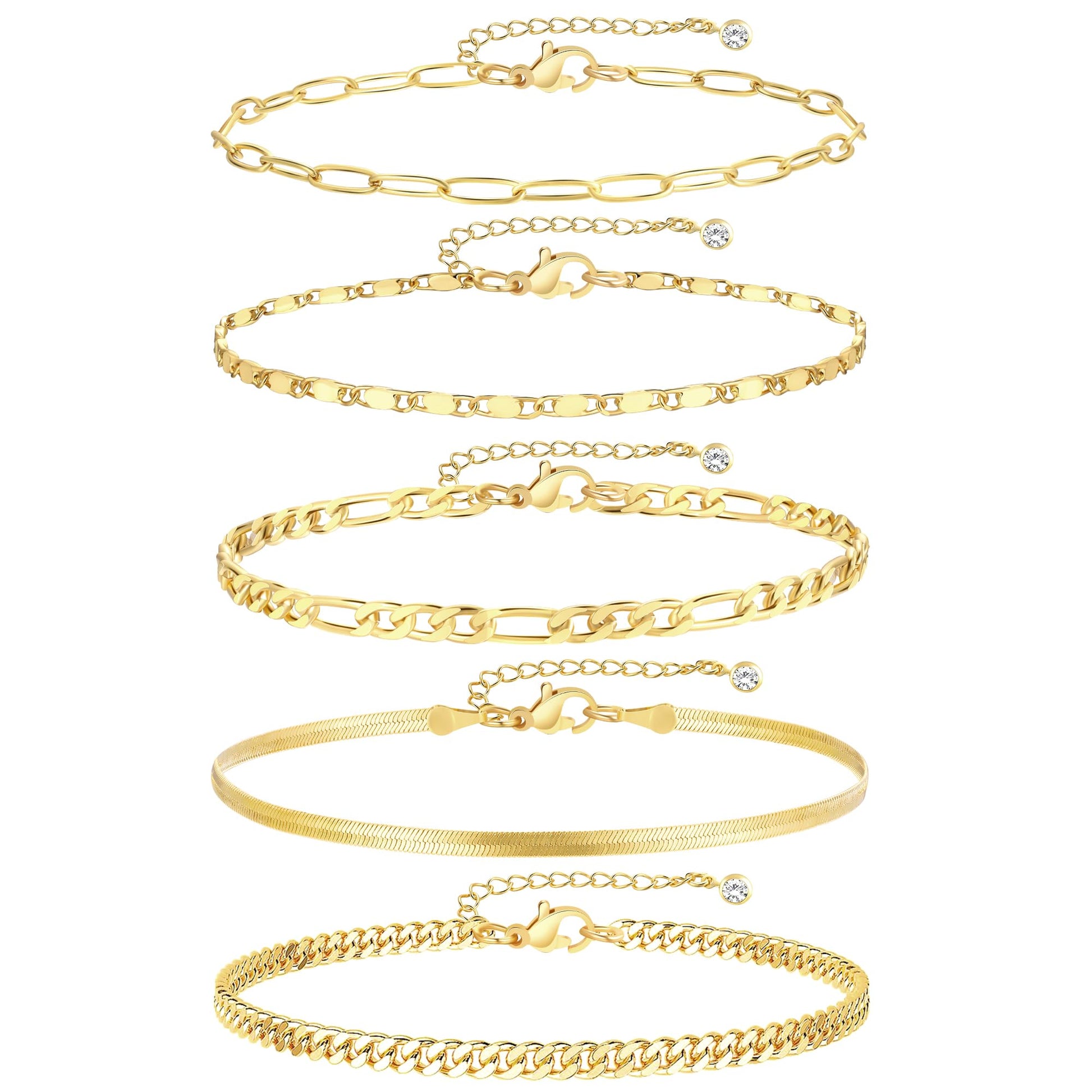 iF YOU Gold Ankle Bracelets for Women, 14k Gold Plated Waterproof Cuban Link Chain Anklets Set, Layered Anklet Bracelets for Women Beach Gift Adjustable Size 5pc