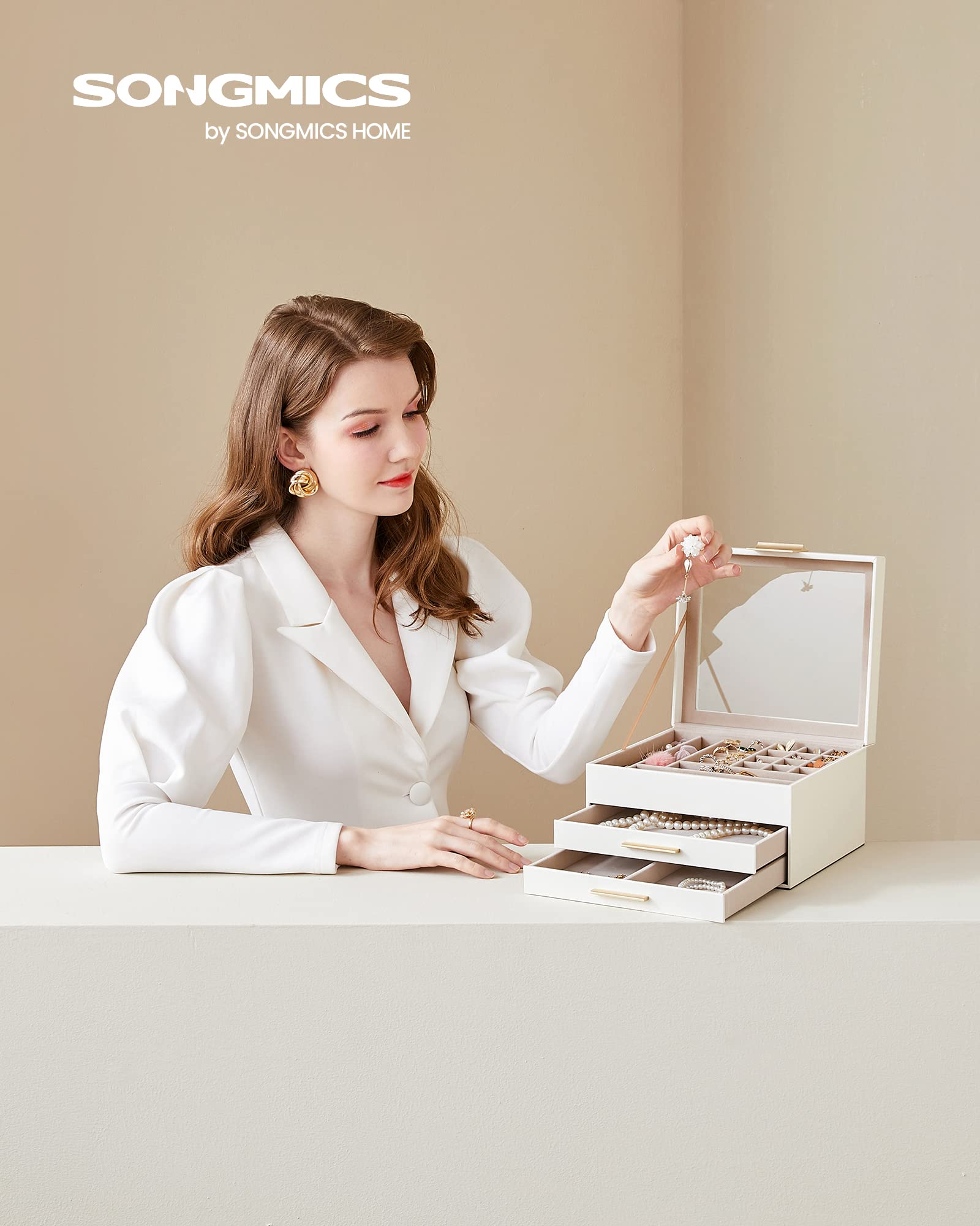 SONGMICS Jewelry Box Organizer with Glass Lid, 3-Layer Jewelry Storage, with 2 Drawers, Modern Style, 8 x 9.1 x 5.3 Inches, Cloud White and Gold Color UJBC239WT