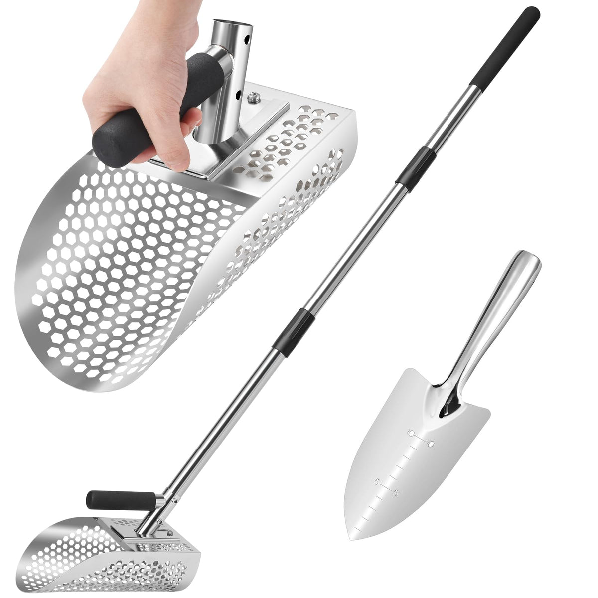GADFISH Sand Scoop for Metal Detecting, Metal Detector Scoop, Stainless Steel Sand Sifter Shovel, Fast Sifter Shovel for Underwater Treasure Hunting (Stainless Steel)