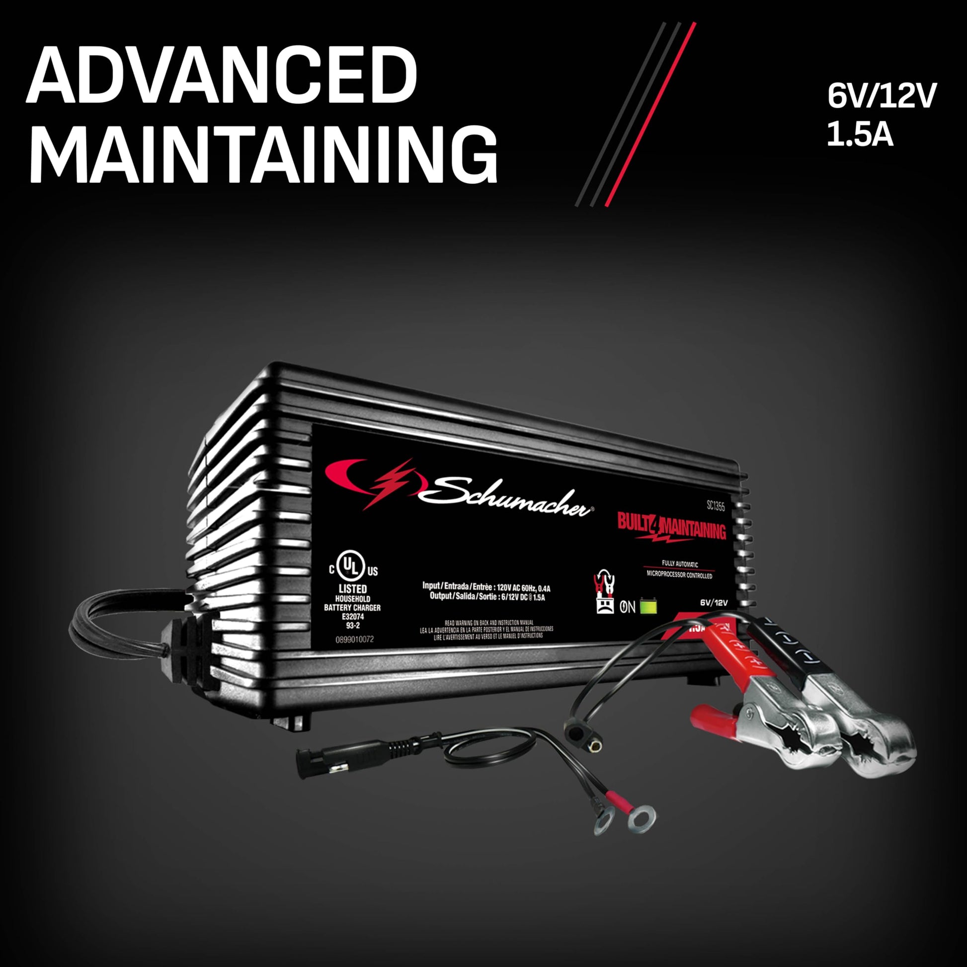 Schumacher Electric Battery Charger and Maintainer, SC1355, 3-in-1, Fully Automatic, 1.5 Amps, 6 Volt and 12 Volt, for Motorcycle, Power Sport, Car, and Marine Batteries