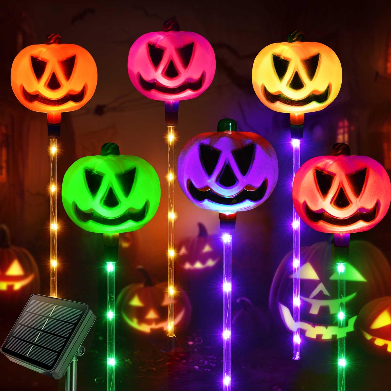 Homeleo 6er-Set Solar-Kürbis-Wegeleuchten für Halloween-Dekorationen im Außenbereich, Farbwechsel-Außenleuchten, beleuchtete Jack-O'-Lantern-Kürbisse für Party, Veranda, Garten HLD578