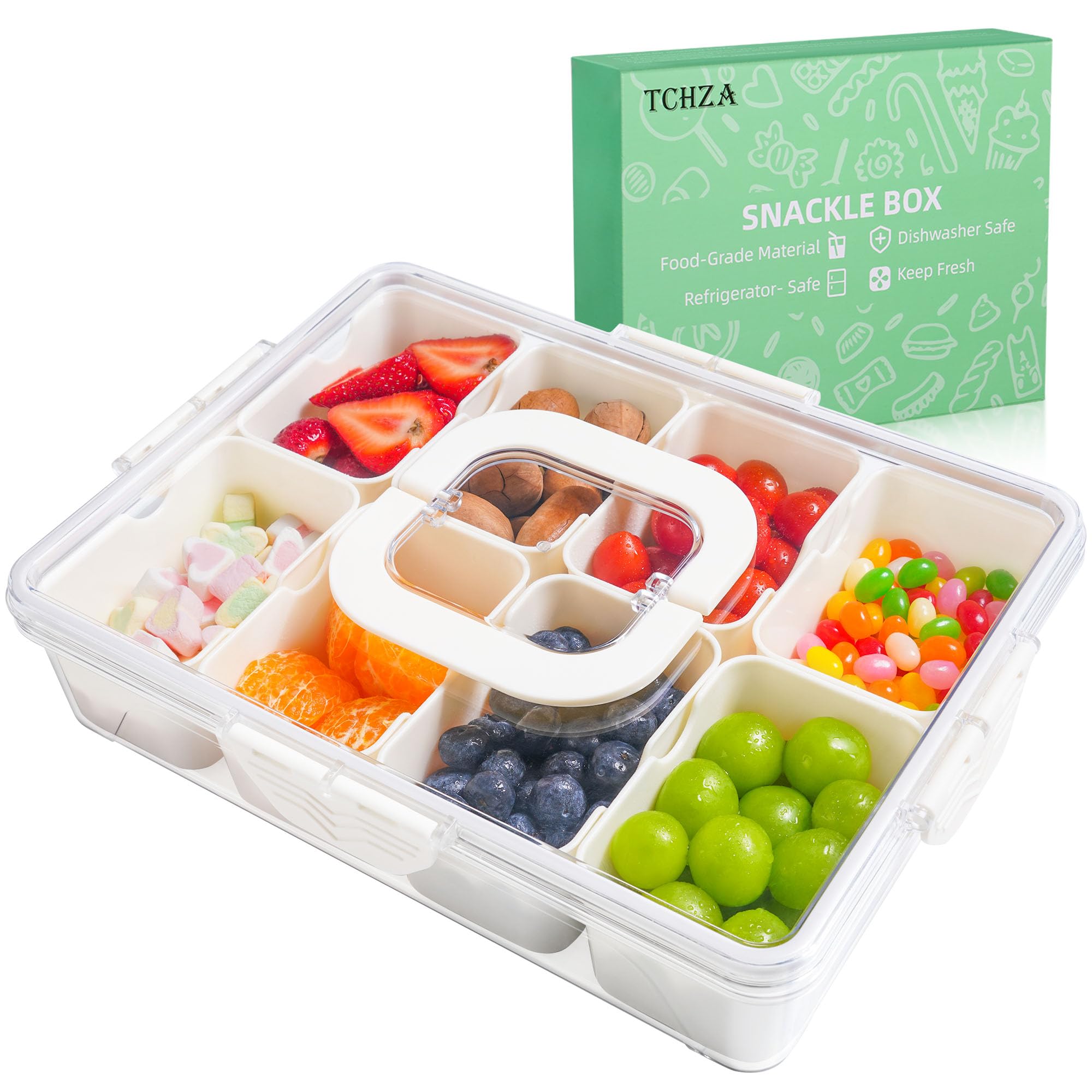 Snackle Box Behälter, Spülmaschinenfest – Geteilte Servierplatte mit Deckel und Griff, Charcuterie-Brett für tragbare Snackplatten – Durchsichtiger Organizer für Obstsnacks, perfekt für Road Trips