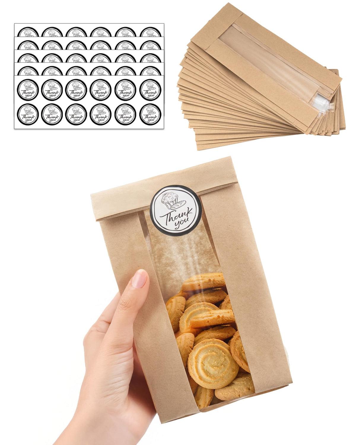 50 PCS Cookie Bags with Seal, Kraft Brown Paper Bags with Stickers, Bakery Bag for Snack, Cupcake, Coffee Bean, Party Favor, Cookie Packaging, 3.5"x 2.3"x7.5"