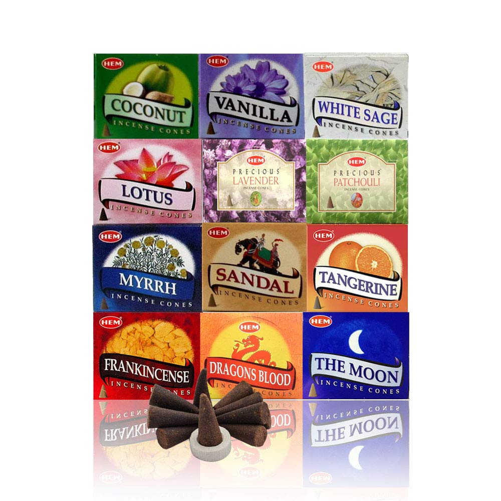 HEM Assorted Incense Cones – Pack of 12 Scents (10 Cones Each, 120 Total) – Natural Aromatherapy Fragrance for Meditation, Relaxation, Yoga, and Home Use