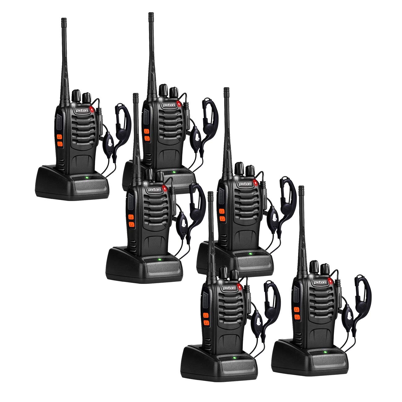 pxton Two Way Radios Long Range Walkie Talkies for Adults with Headphones,16 Channel Handheld 2 Way Radio Rechargeable with Flashlight Li-ion Battery and Charger(6 Pack)