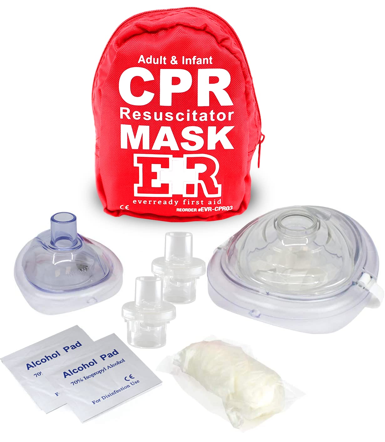 Adult and Infant CPR Mask Combo Kit - Includes 2 CPR Masks with One-Way Valves, Pair of Vinyl Gloves, 2 Alcohol Prep Pads - Portable Emergency CPR Kit - Red