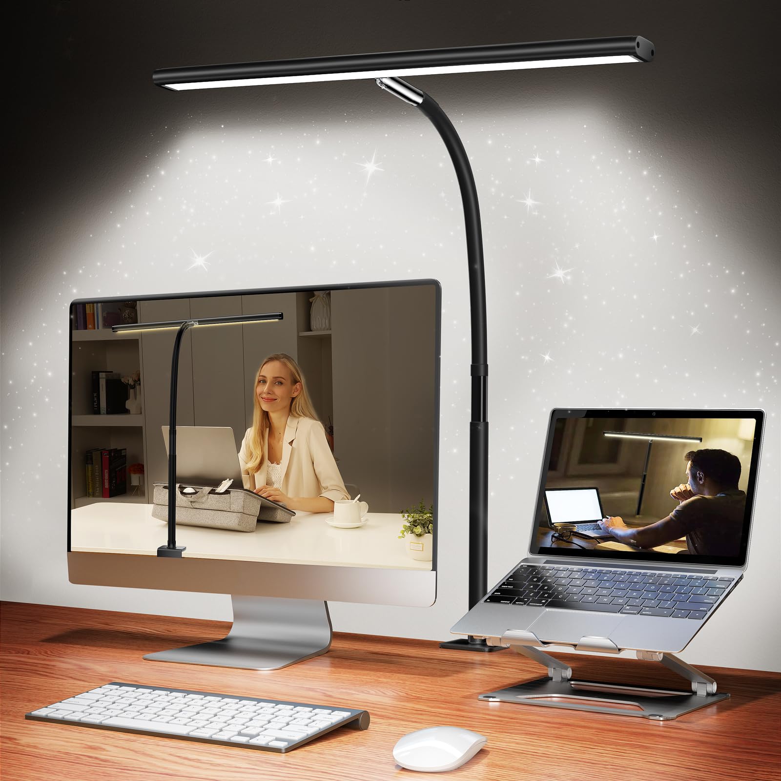 Airlonv LED-Schreibtischlampe für Büro und Zuhause, augenschonende Schreibtischleuchte mit stufenlosem Dimmen, verstellbarem flexiblem Schwanenhals, 10-W-USB-Adapter-Schreibtischlampe mit Klemme zum Lesen, Lernen, Werkbank (Schwarz)