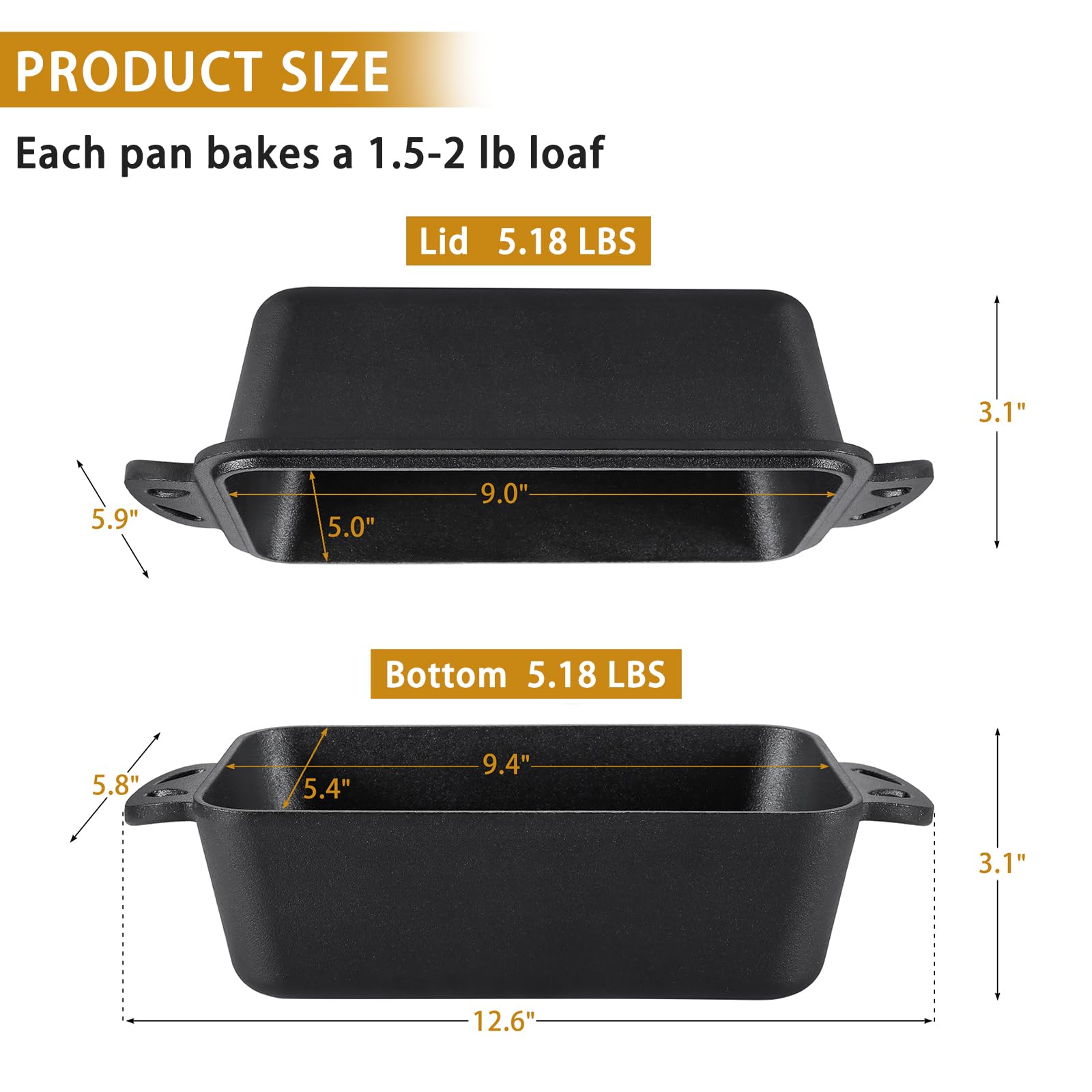 AILITOR Cast Iron Loaf Pan with Lid 9x5 Inch - Bread Baking Pans for Homemade Bread, 2 Piece Set