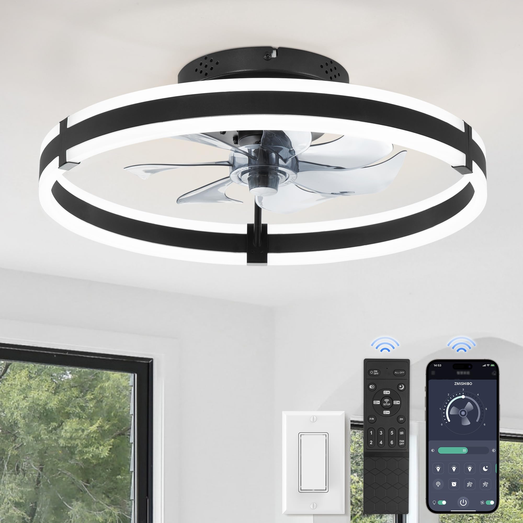 ZMISHIBO Deckenventilatoren mit Beleuchtung und Fernbedienung, 19,7 Zoll Deckenventilator flach, 3000-6000K dimmbarer moderner Aufbau-LED-Ventilator mit Licht, 6 Windgeschwindigkeiten, schwarze Fandelier-Deckenventilatoren für Schlafzimmer