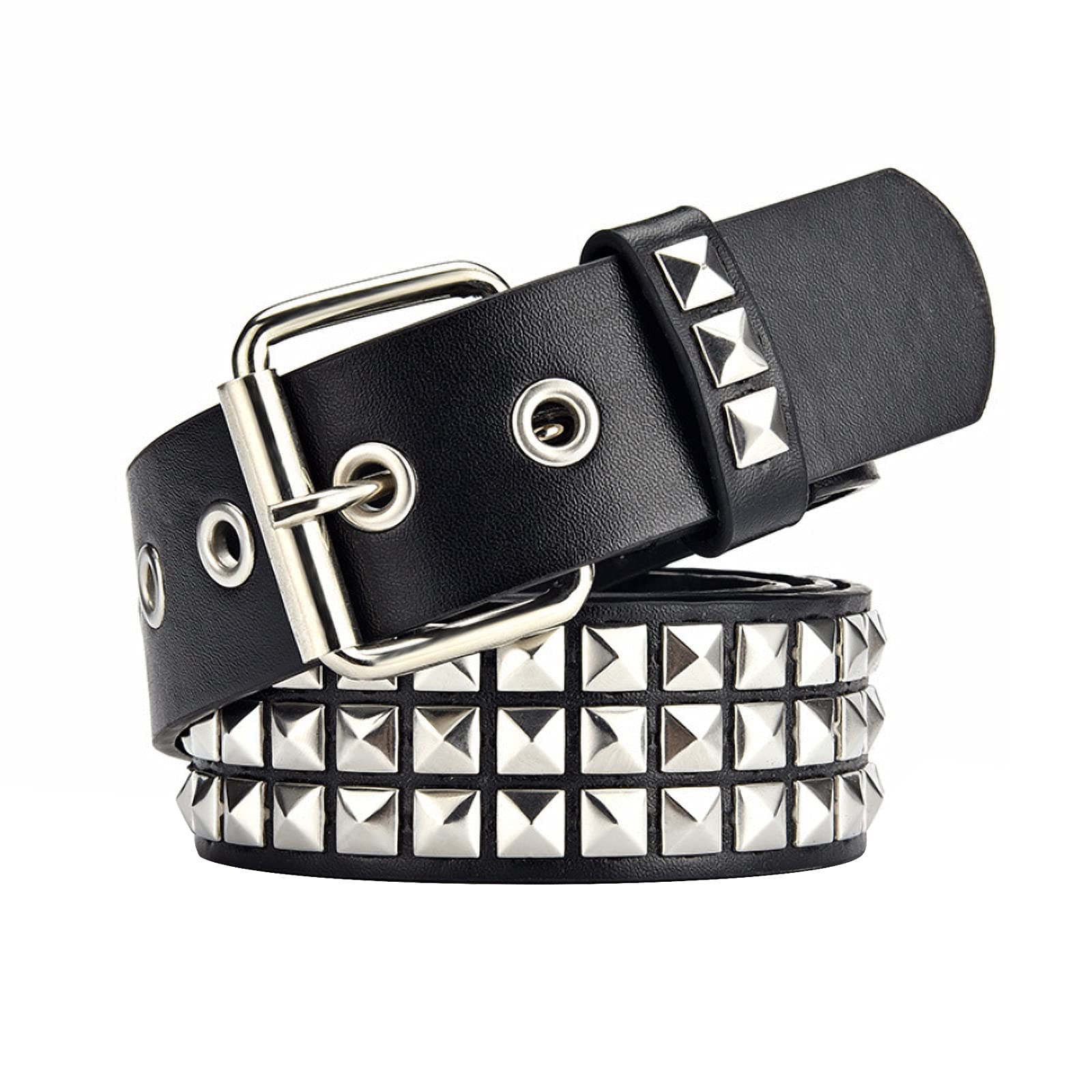 SNCEAW Studded Belt, Metal Punk Rock Rivet belt with Bright Pyramid Studded for Women Men (Black, Fit Pant 31-36 inch)