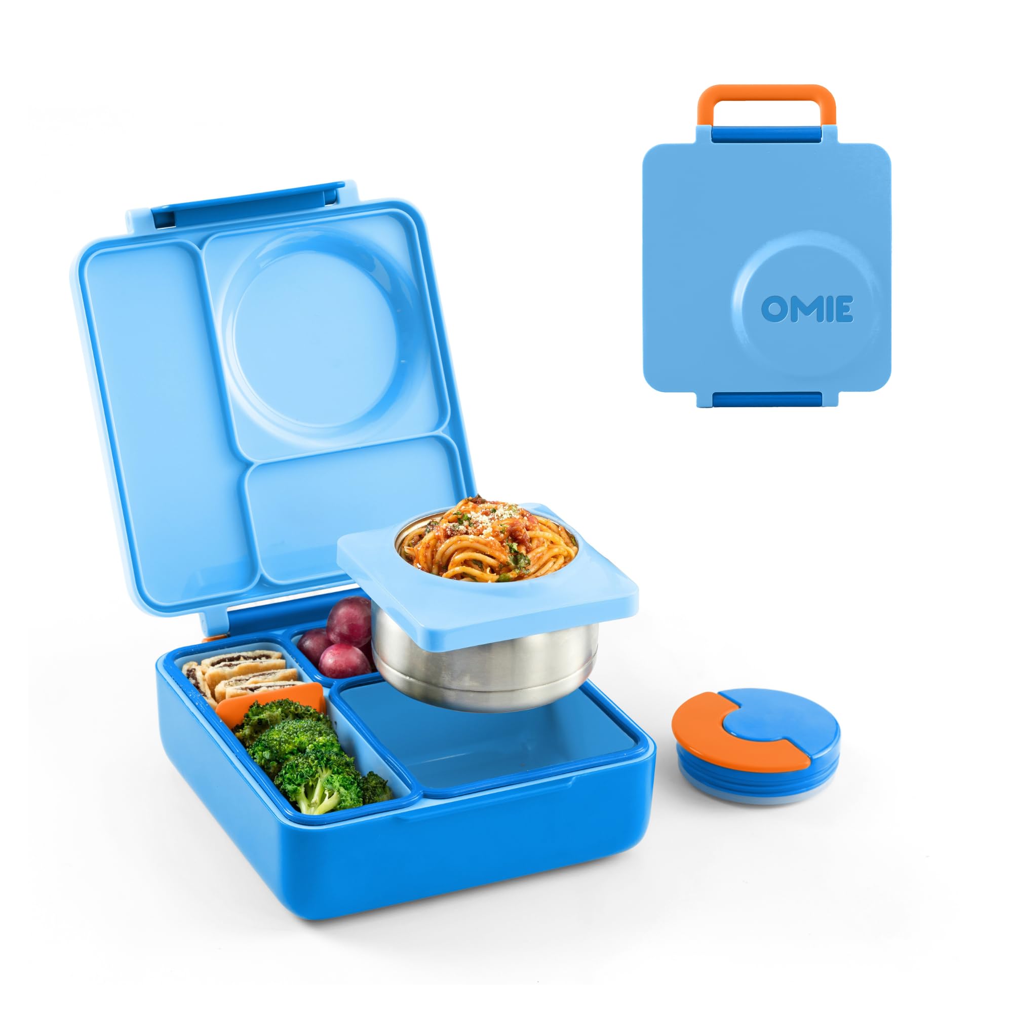 OmieBox Bento Box für Kinder – Isolierte Bento-Lunchbox mit auslaufsicherem vakuumisoliertem Essensbehälter – 3 Fächer, zwei Temperaturzonen (Blauer Himmel)