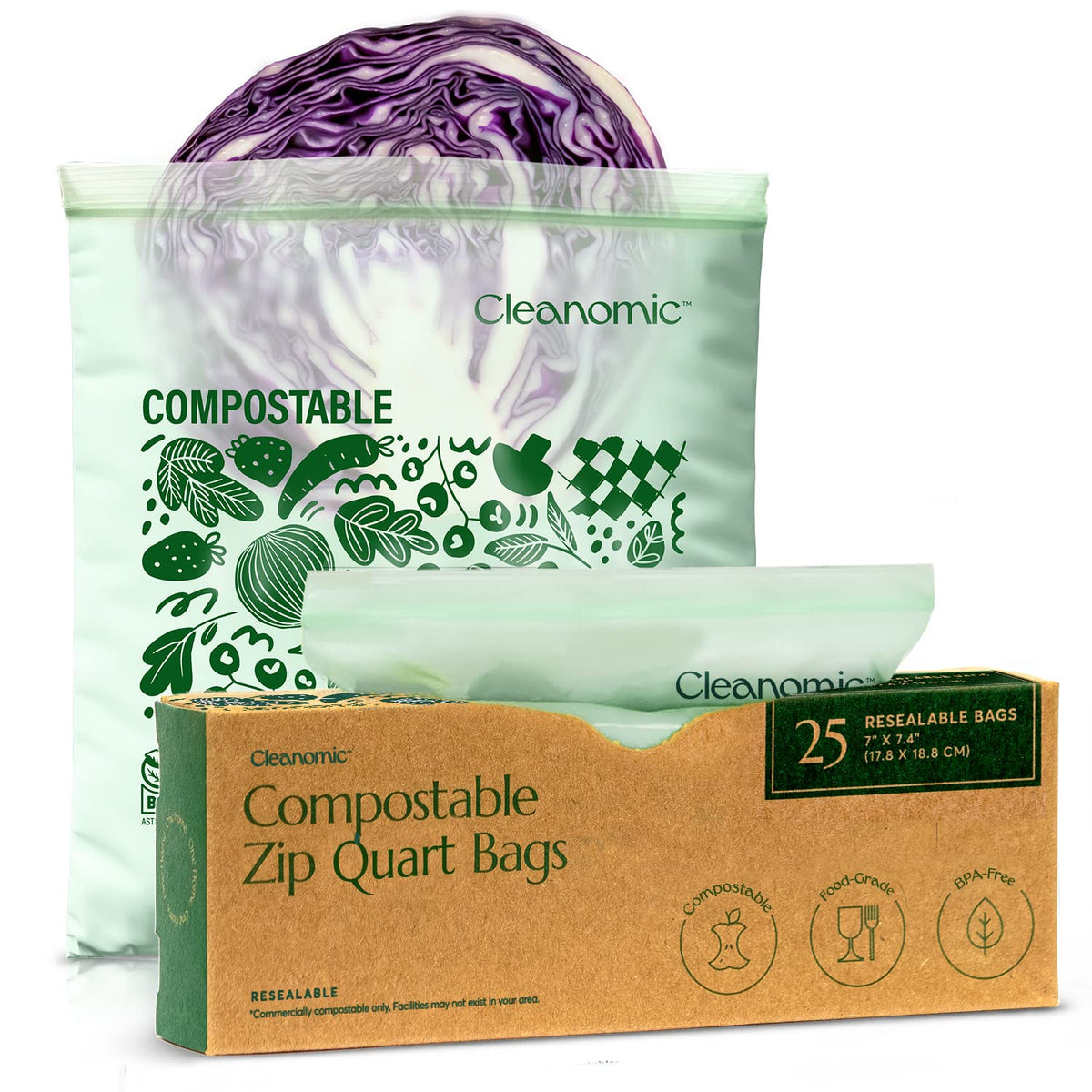 Cleanomic Kompostierbare* Quart-Größen Lebensmittelaufbewahrungsbeutel (25 Eco Zip), gefrier- und auslaufsicher, auch als Gallon, Snack- und Sandwich-Beutel erhältlich