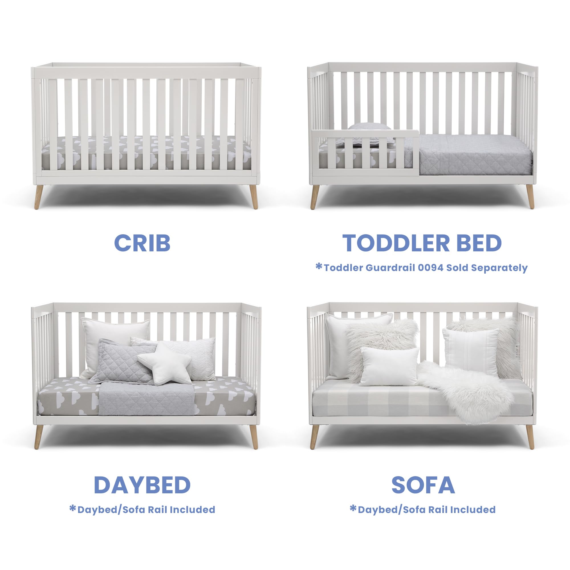 Delta Children Essex 4-in-1 Convertible Baby Crib, Bianca White with Natural Legs