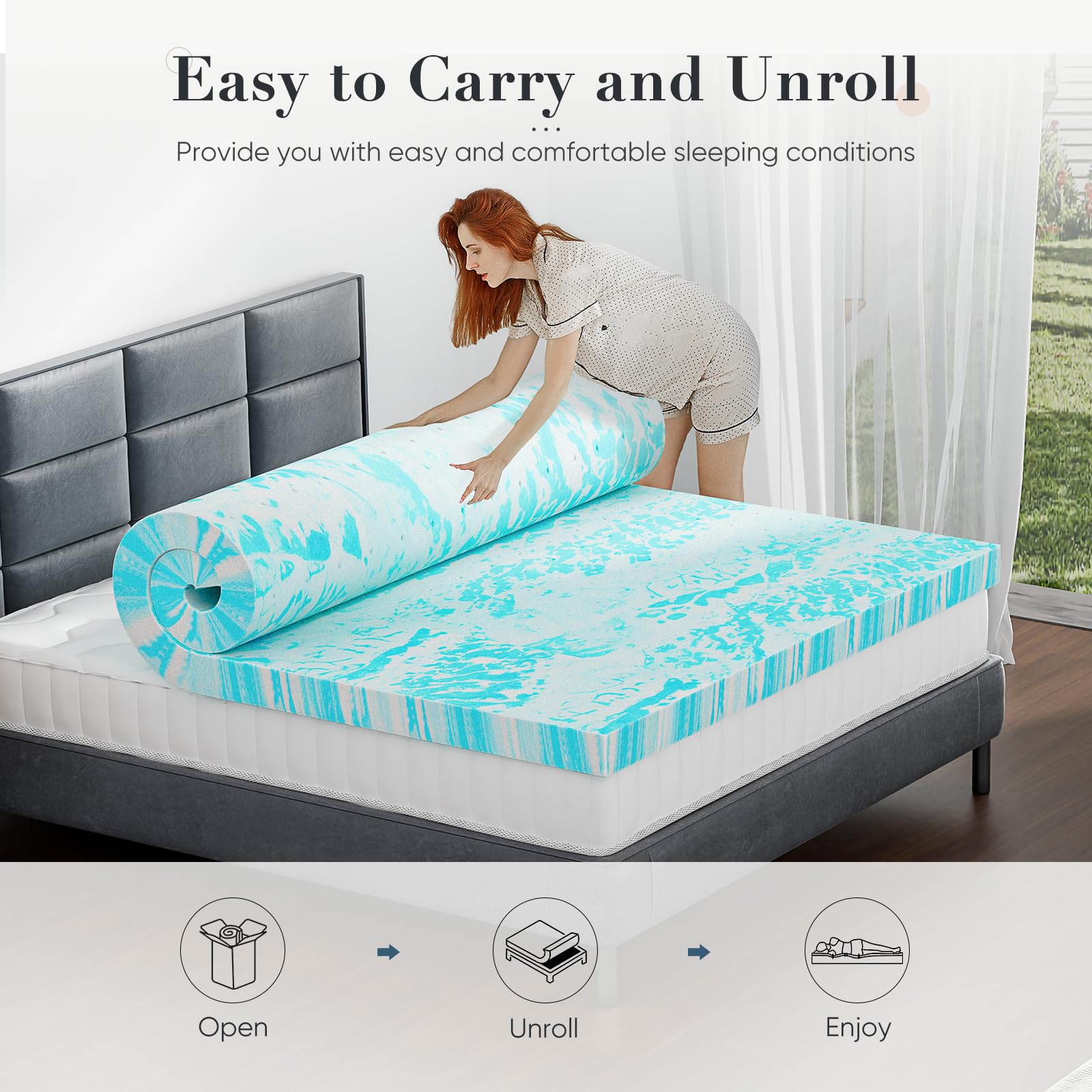 Memory Foam Mattress Topper Queen, 2 Inch Thick Gel Infused Bed Toppers for Queen Size Bed, Soft Mattress Pads for Sleeper Sofa, RV, Camper, CertiPUR-US Certified, Blue