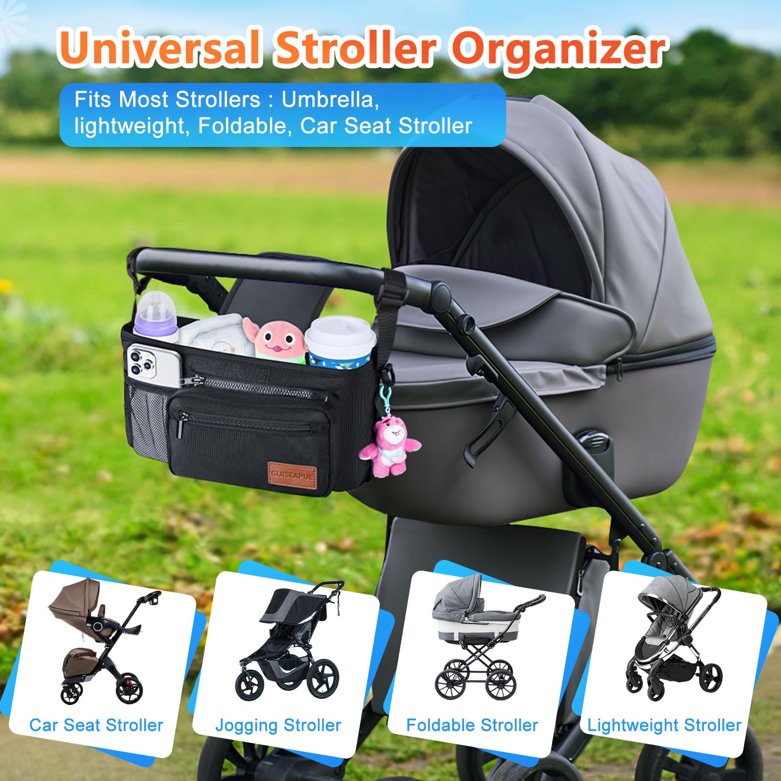Guiseapue Universal Stroller Organizer with Cup Holder: Baby Travel Essential, Stroller Caddy with Shoulder Strap, Stroller Accessories Fit Uppababy, Baby Jogger Doona, Nuna, Britax, BOB Stroller