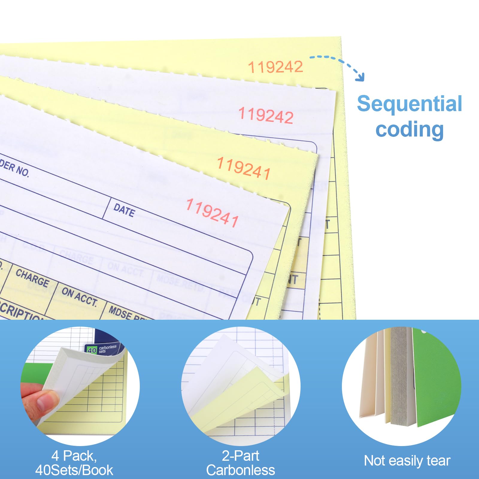 Joyberg 4 Pack Receipt Book, 4.17inx7.2in Receipt Book with Carbon Copies, 2-Part Carbonless(White and Yellow), 40 Sets Per Book, Order Book for Small Business