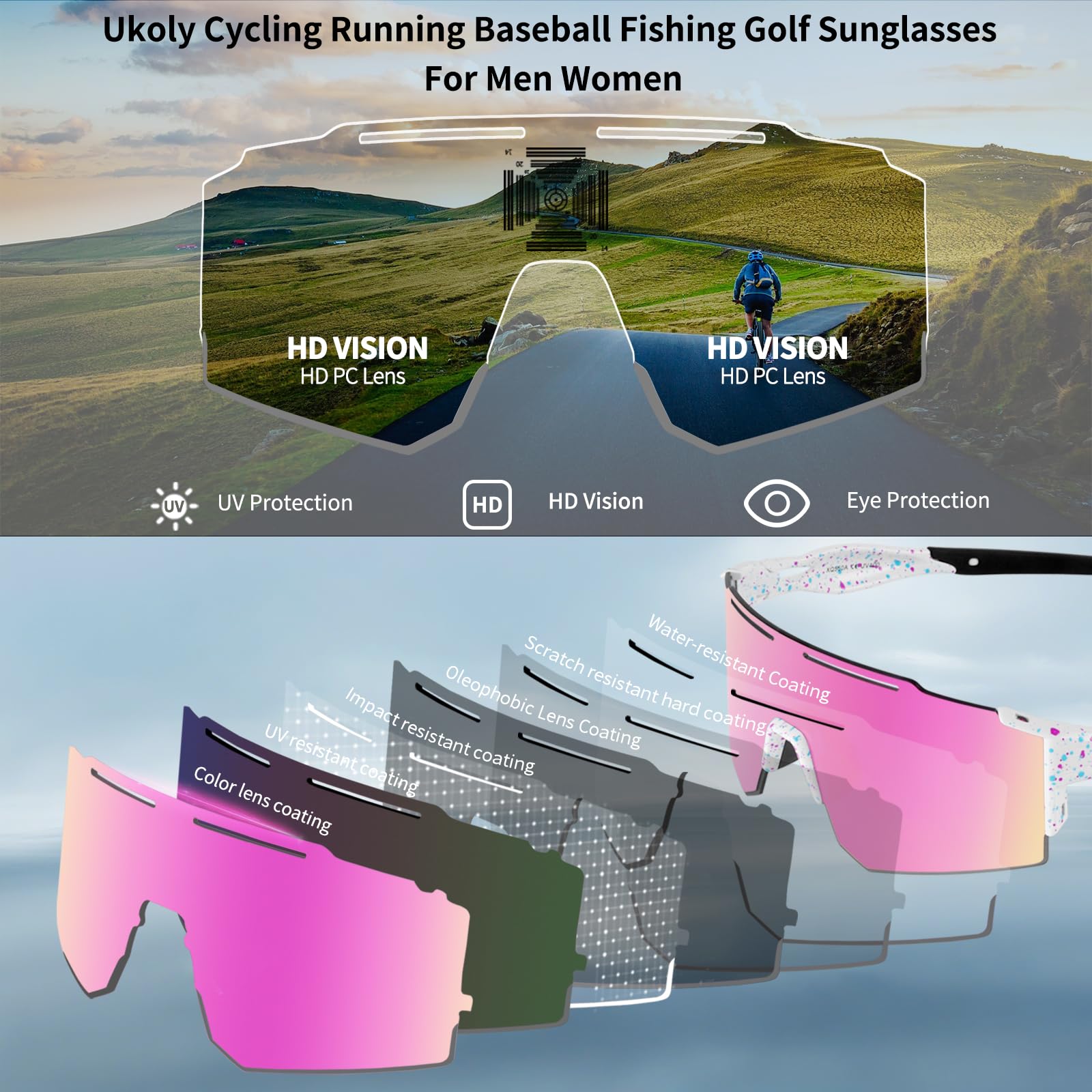 Ukoly Cycling Sunglasses with Interchangeable Nose Pad Men Women,Sports Sunglasses,Fishing Baseball Glasses