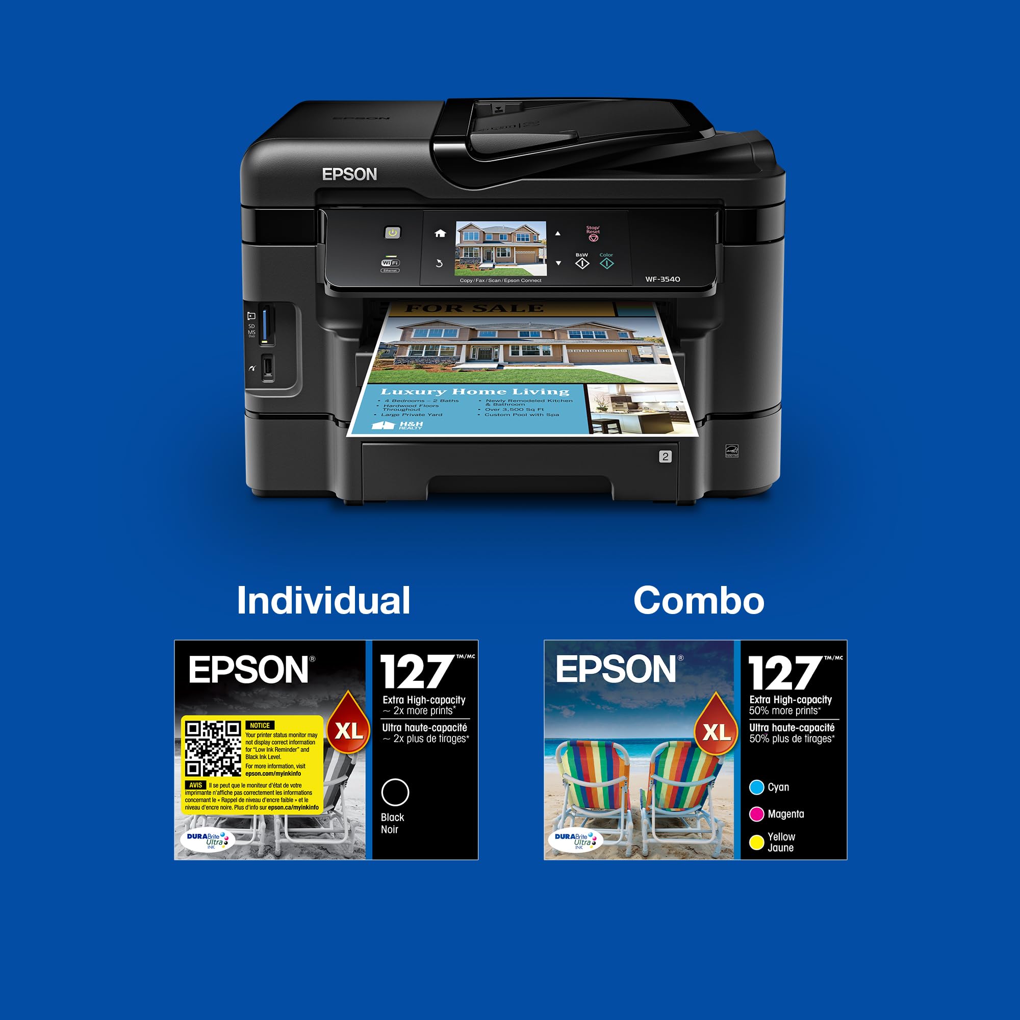EPSON 127 DURABrite Ultra Ink Black Cartridge For NX-530, NX-625, WF-3520, WF-3530, WF-3540, WF-545, WF-60, WF-630, WF-633, WF-635, WF-645, WF-7010, WF-7510, WF-7520, WF-840, WF-845,Water Resistant