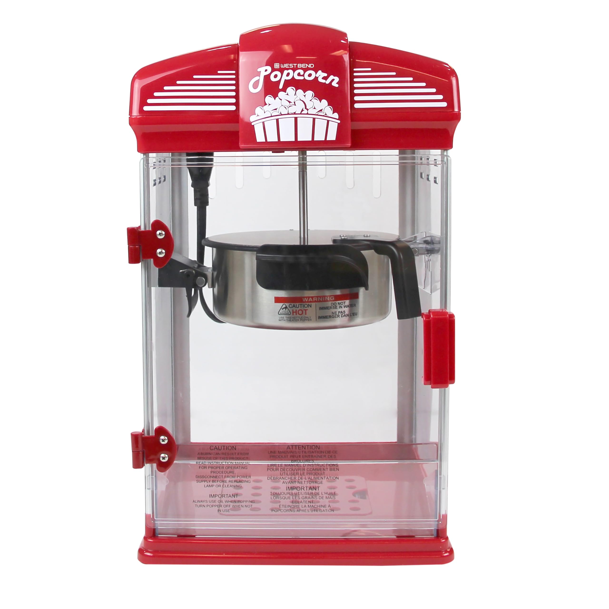 West Bend Stir Crazy Movie Theater Popcorn Popper, Gourmet Popcorn Maker Machine with Nonstick Popcorn Kettle, Measuring Tool and Popcorn Scoop for Popcorn Machine, 4-Qt., Red