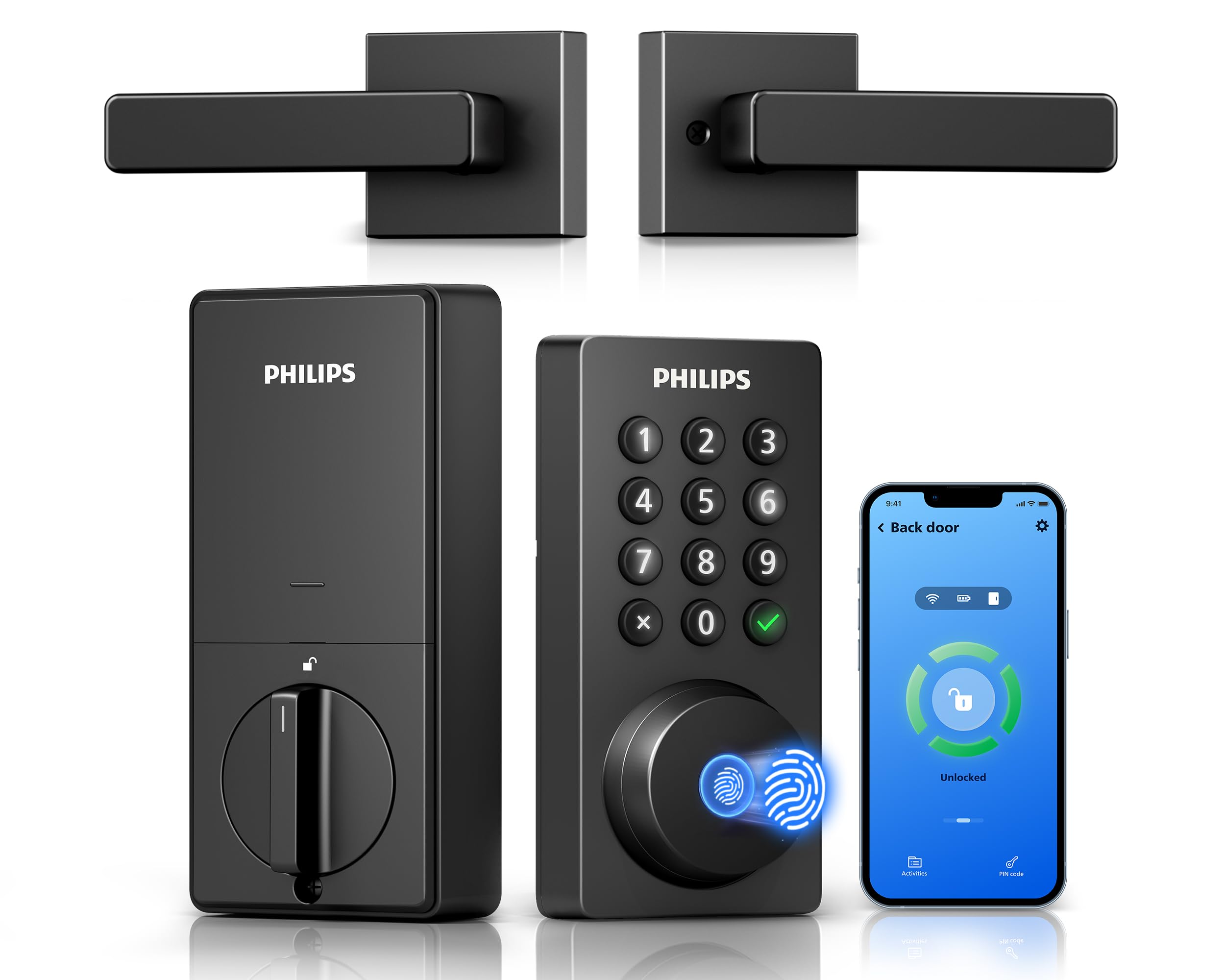 Philips WiFi Deadbolt Smart Lock with Handle, APP/Voice/Fingerprint/Passcode/Key Unlock, Smart Locks for Front Door with Handle Set, Backlit Keypad Deadbolt, Keyless Entry, Remote Control, Auto-Lock