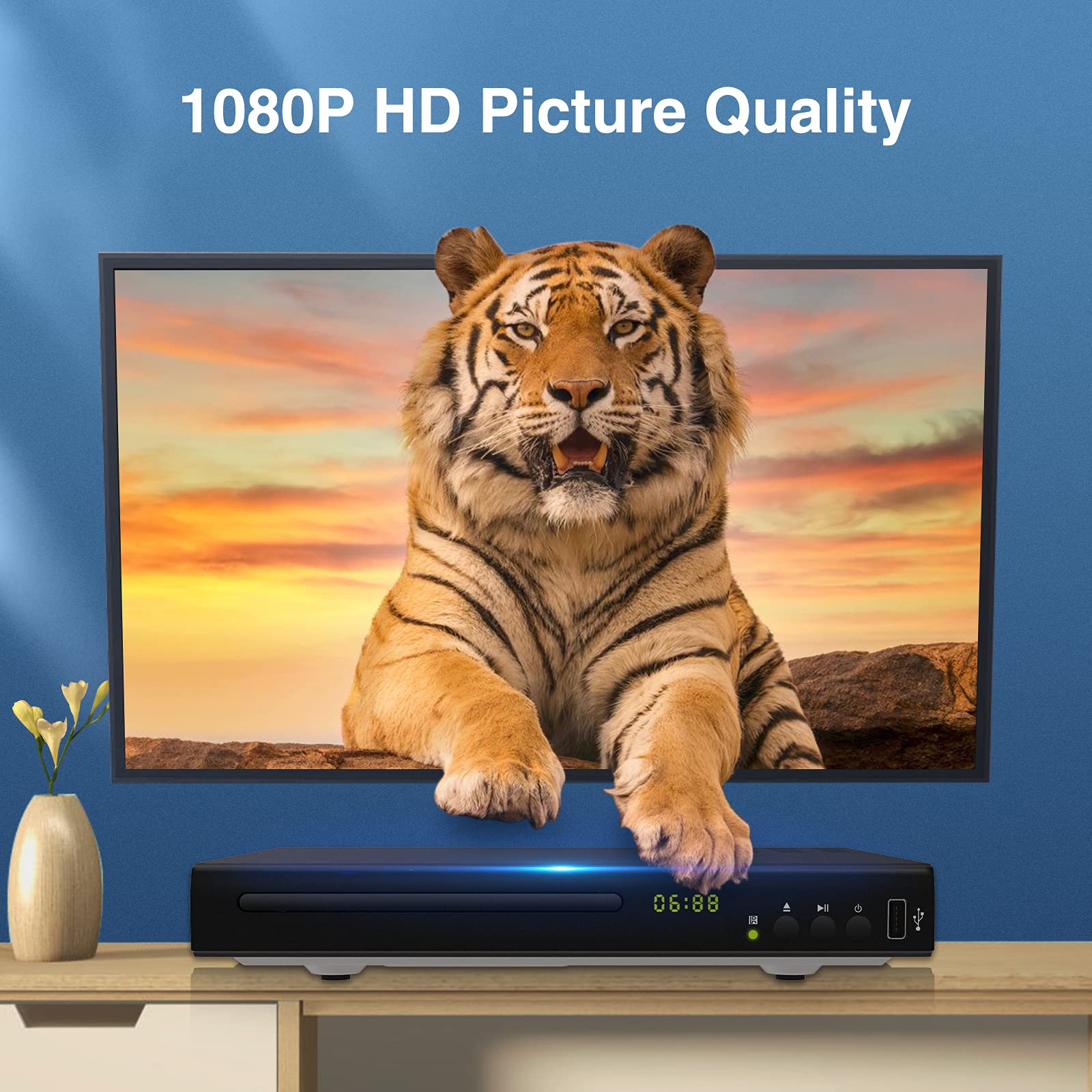 Blu Ray DVD Player, 1080P Home Theater Disc System, Play All DVDs and Region A 1 Blu-Rays, Support Max 128G USB Flash Drive + HDMI/AV/Coaxial Output + Built-in PAL/NTSC with HDMI/AV Cable