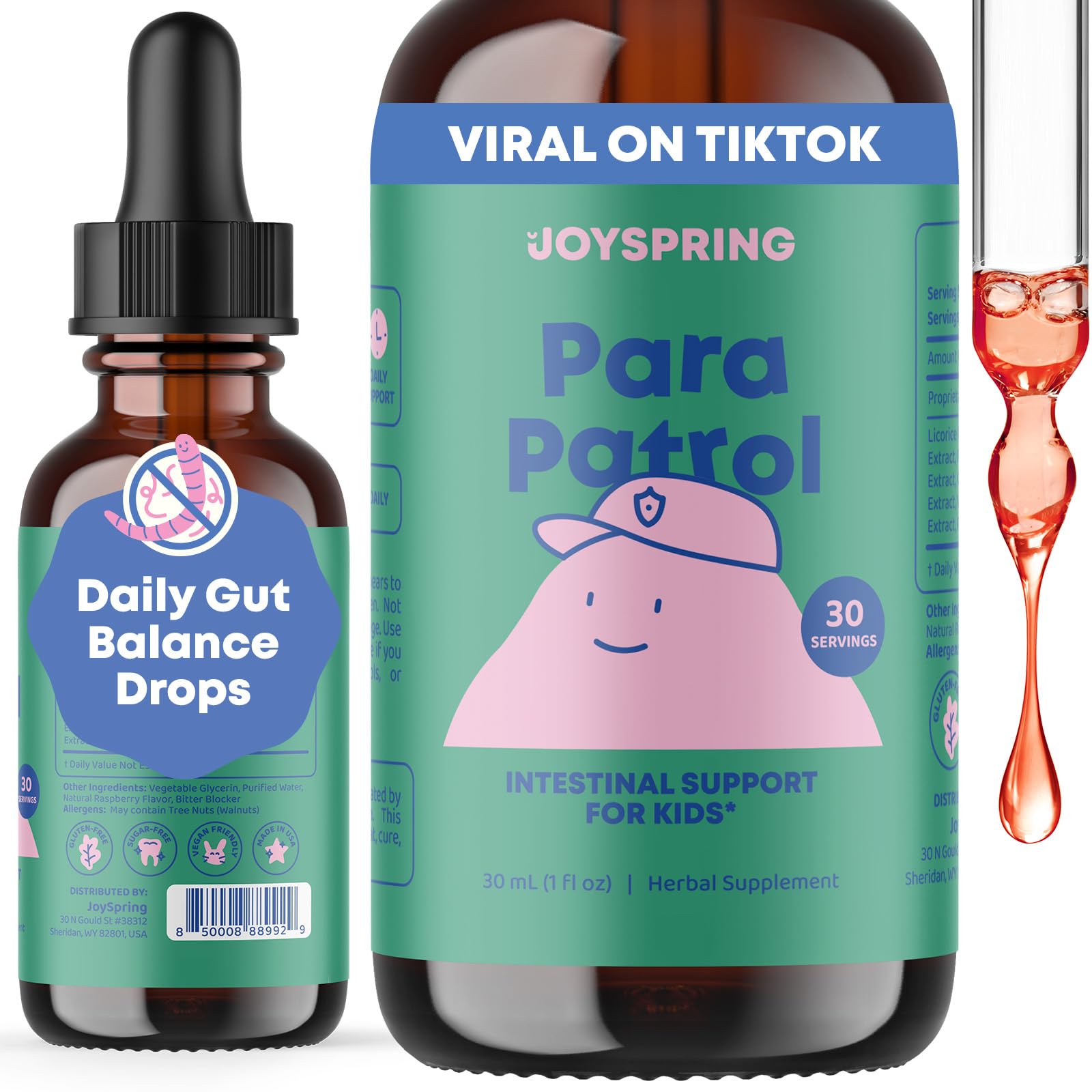 JoySpring ParaPatrol Kids' Herbal Blend - Alcohol-Free Liquid Supplement with Black Walnut and Wormwood Extract | Supports Digestive Health | Natural Raspberry Flavor - 30 Servings