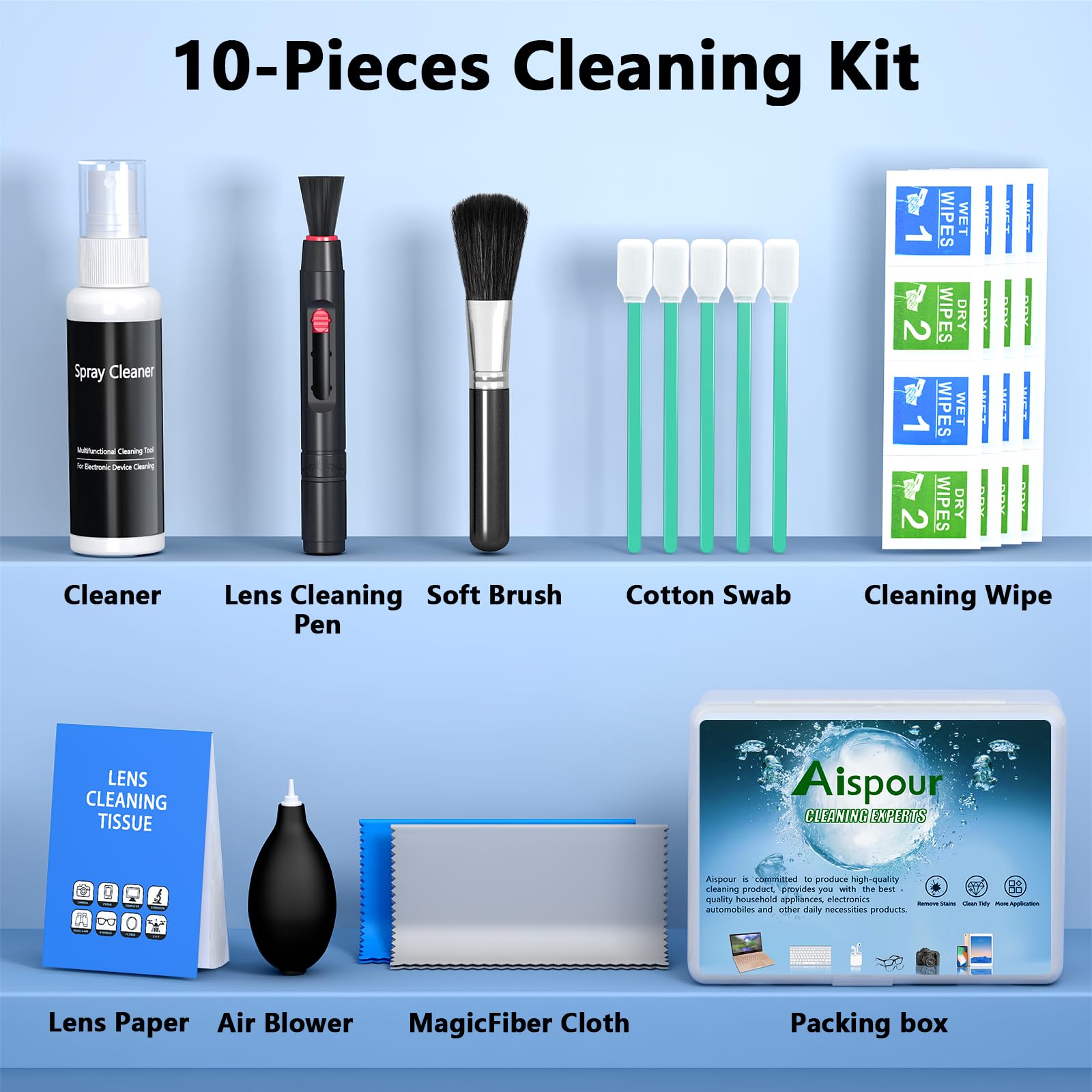 Aispour Camera Lens Cleaning Kit, 10-in-1 Camera Cleaning Kit, Camera Lens Cleaner and Camera Accessories, Includes Lens Cleaning Kit/Lens Cleaner/Lens Cleaning Pen/Soft Brush