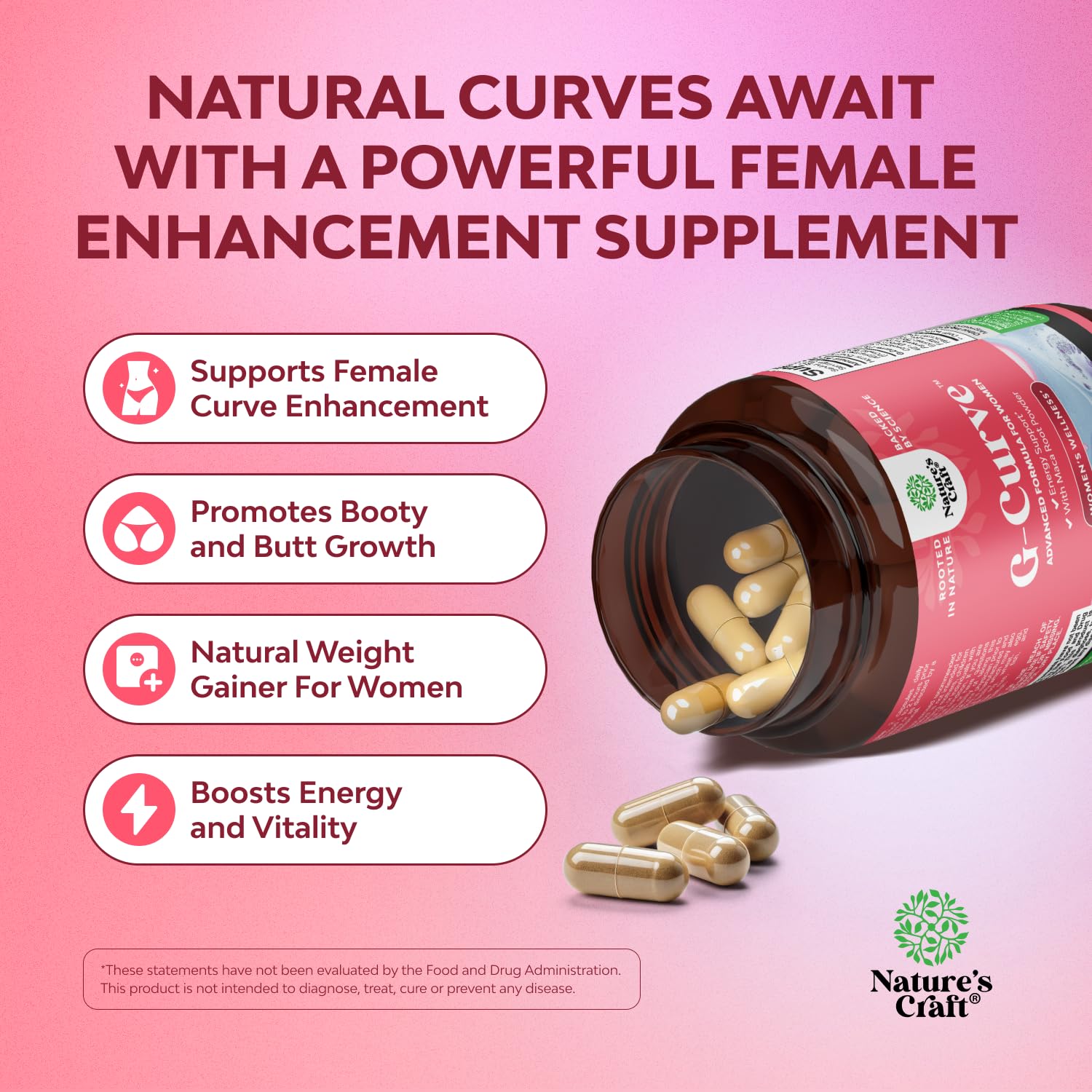 Natures Craft G-Curve Butt and Breast Enhancement Pills - Herbal Enhancer May Support Body Sculpting Curves with Saw Palmetto Extract Horny Goat Weed for Women *Results Vary 60 Count