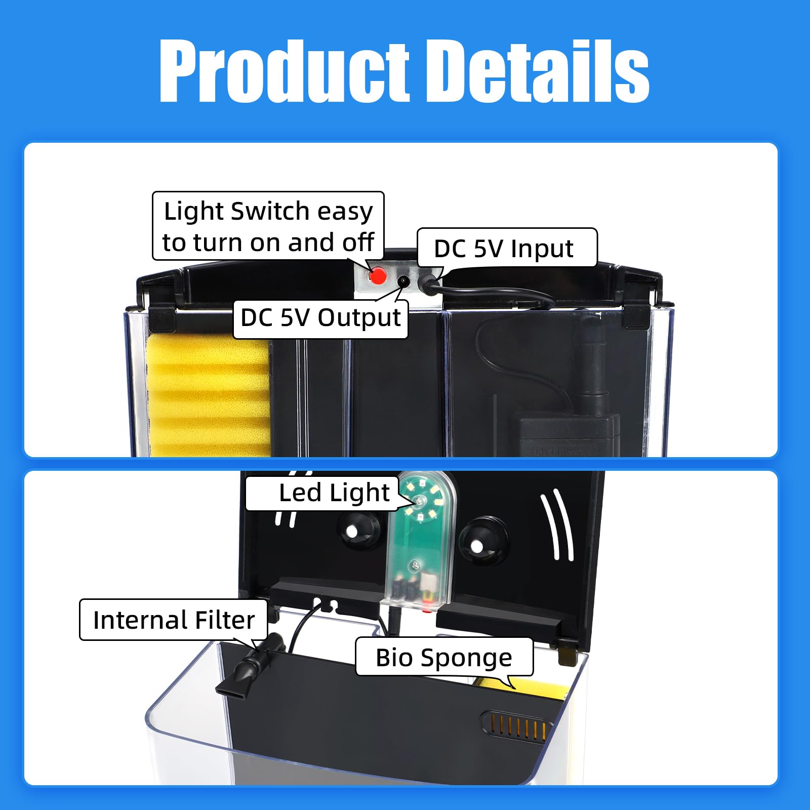 AQUANEAT Fish Tank, 1.2 Gallon Aquarium, Small Betta Fish Tank Starter Kit with LED Light and Water Filter Pump, Rectangular