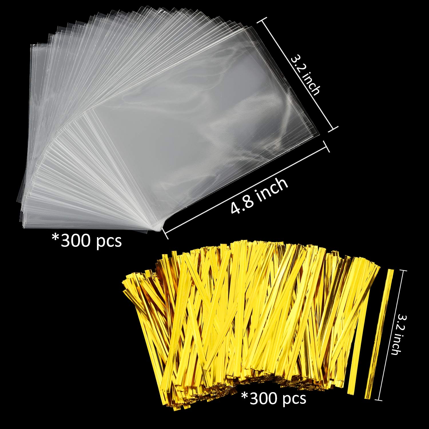 Cake Pop Bags, Augshy 300 Pcs Cellophane Treat Bags 3x5 with 300 Twist Ties 1.4 mils Thickness OPP Plastic Bags for Lollipop Candy Chocolate Cookie Wrapping Buffet