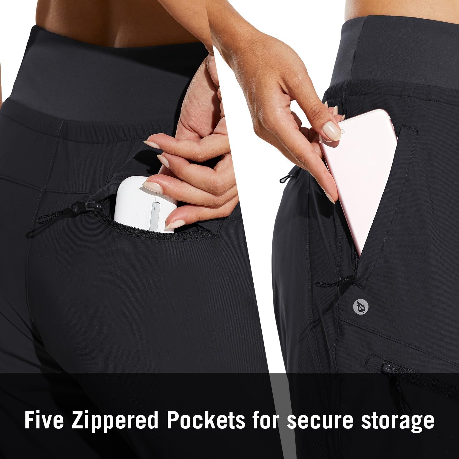 baleaf Women's Joggers 28'' Lightweight Hiking Pants High Waist 5 Zipper Pockets Quick Dry Travel Athletic UPF50+ Black L