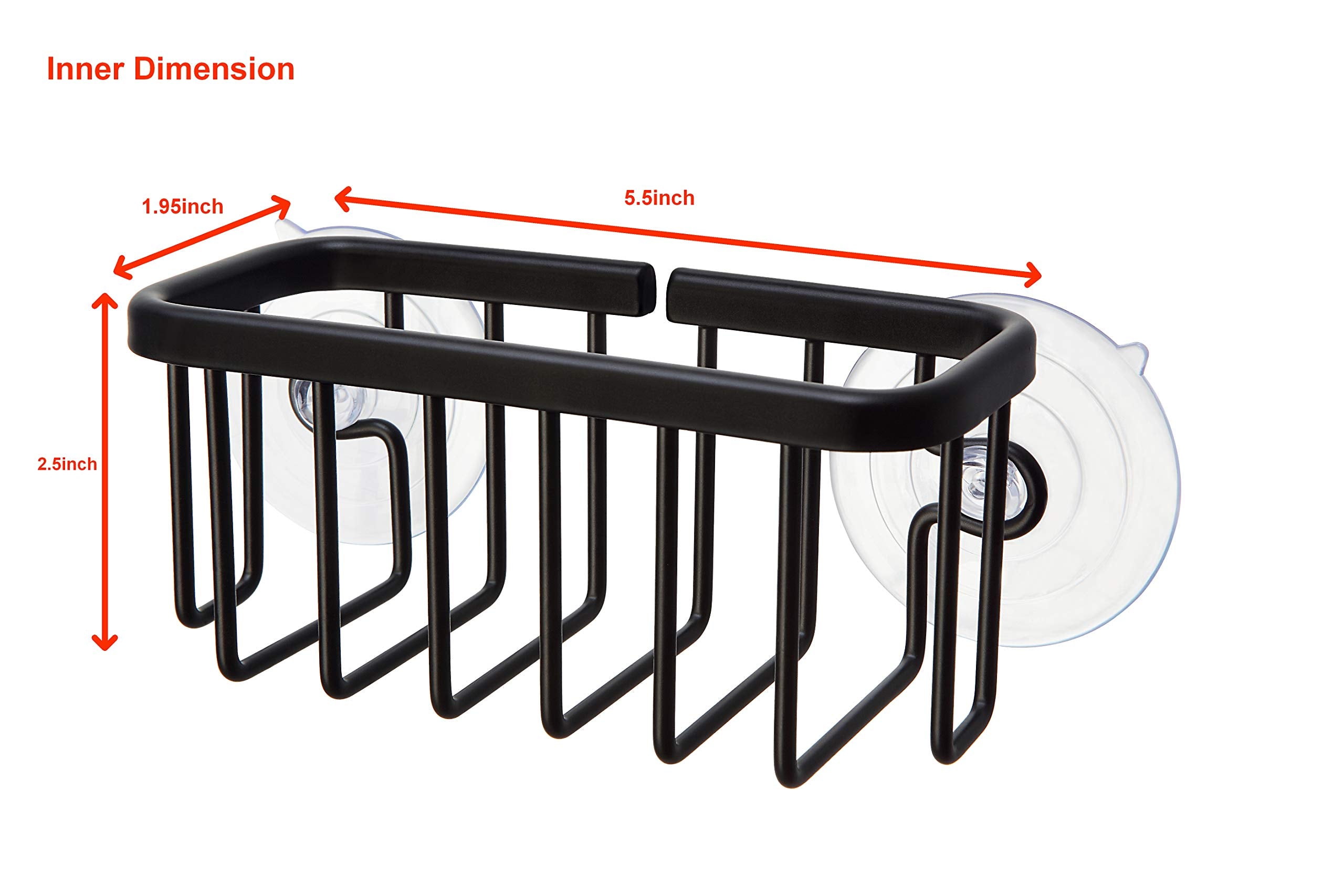 SunnyPoint NeverRust Kitchen & Bathroom Sink Caddy for Sponges, Scrubbers, Soap, 6" x 2.5" x 2.75", with Adhesive Mount - Additional Suction Cup Included –Aluminum (Black)