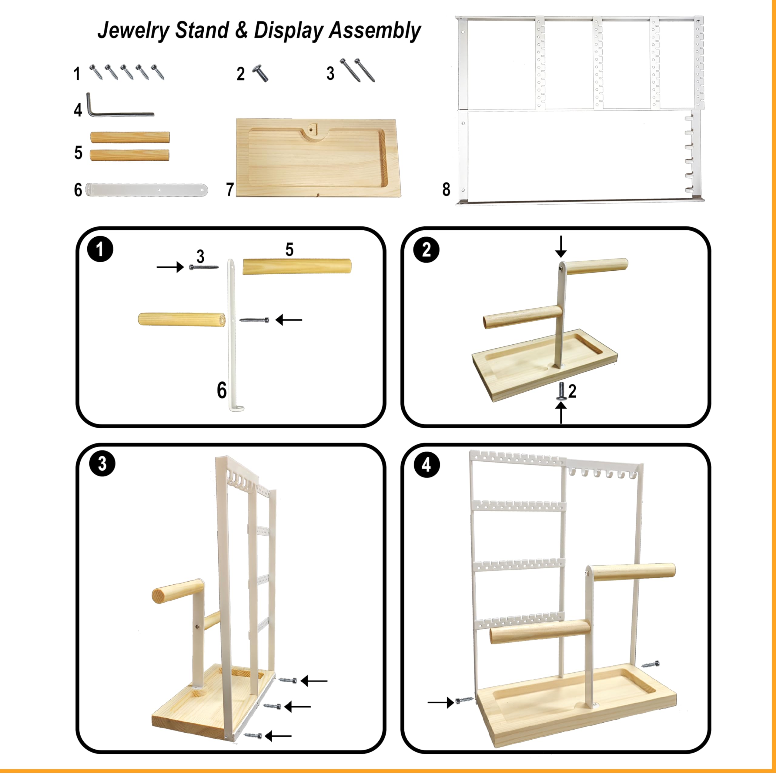 Jewelry Organizer Stand, Jewelry Holder, Lengnoy 4 Tier Earring Holder with 48 Holes and 6 Hooks Necklace Organizer Wood Box for Necklace Bracelet Earring Ring, White