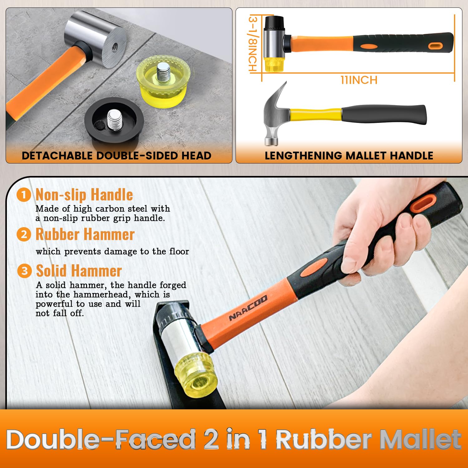 Laminate/Vinyl Flooring Tools, NAACOO Tapping Block for Vinyl Plank Flooring - Double Sided with Notches, Pull Bar, 40Pcs Floor Spacers, Rubber Mallet. Universal Floor Installation kit.